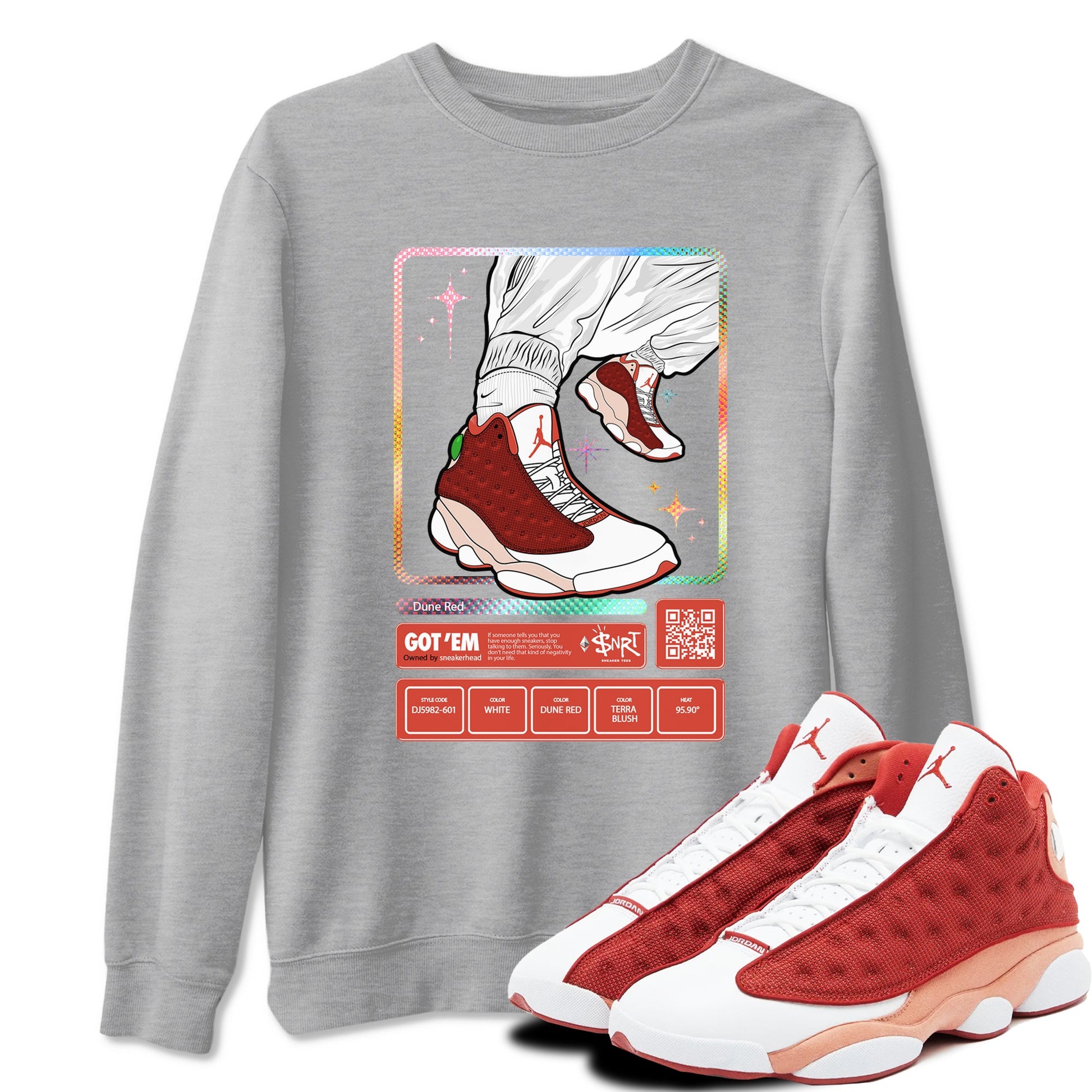 13s Dune Red shirts to match jordans Sneaker Trading Card sneaker match tees Air Jordan 13 Dune Red SNRT Sneaker Tees streetwear brand Heather Grey 1 unisex cotton tee