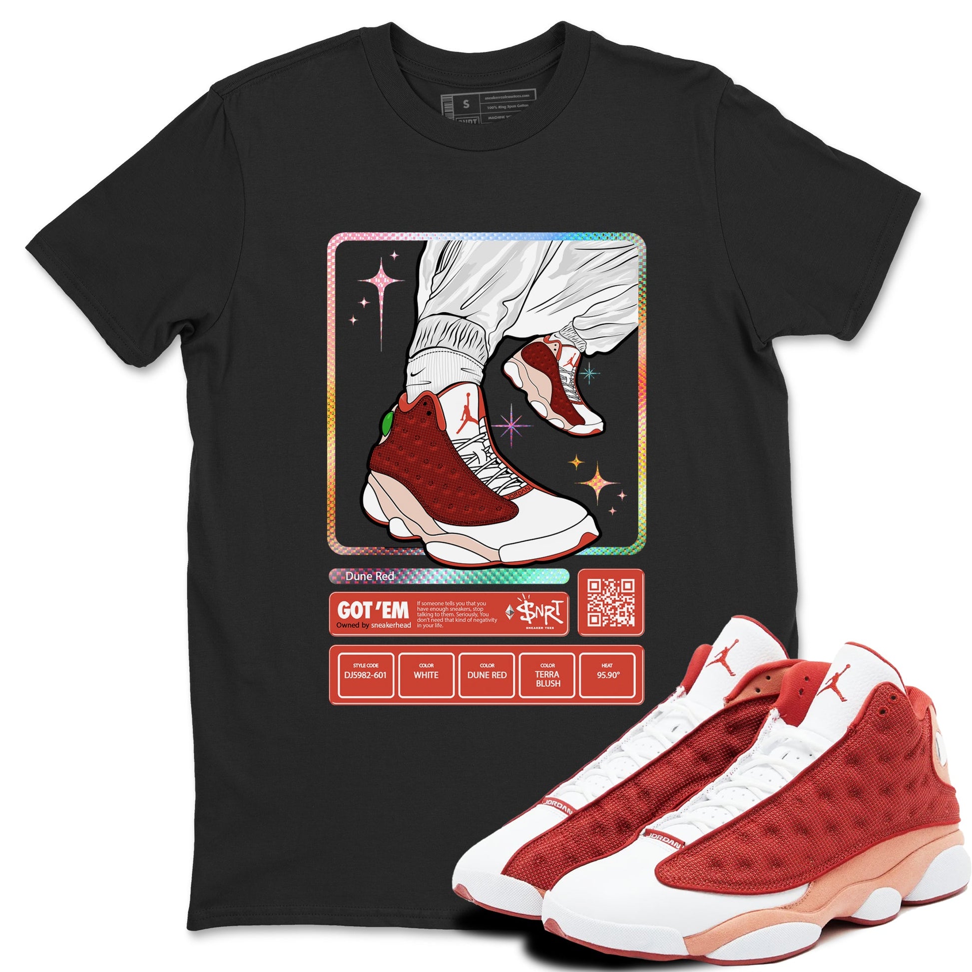 13s Dune Red shirts to match jordans Sneaker Trading Card sneaker match tees Air Jordan 13 Dune Red SNRT Sneaker Tees streetwear brand Black 1 unisex cotton tee