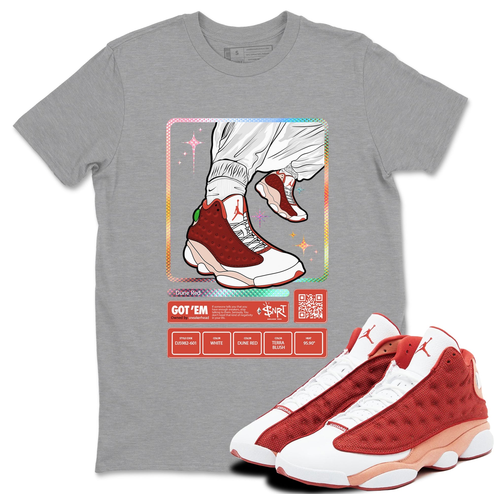 13s Dune Red shirts to match jordans Sneaker Trading Card sneaker match tees Air Jordan 13 Dune Red SNRT Sneaker Tees streetwear brand Heather Grey 1 unisex cotton tee