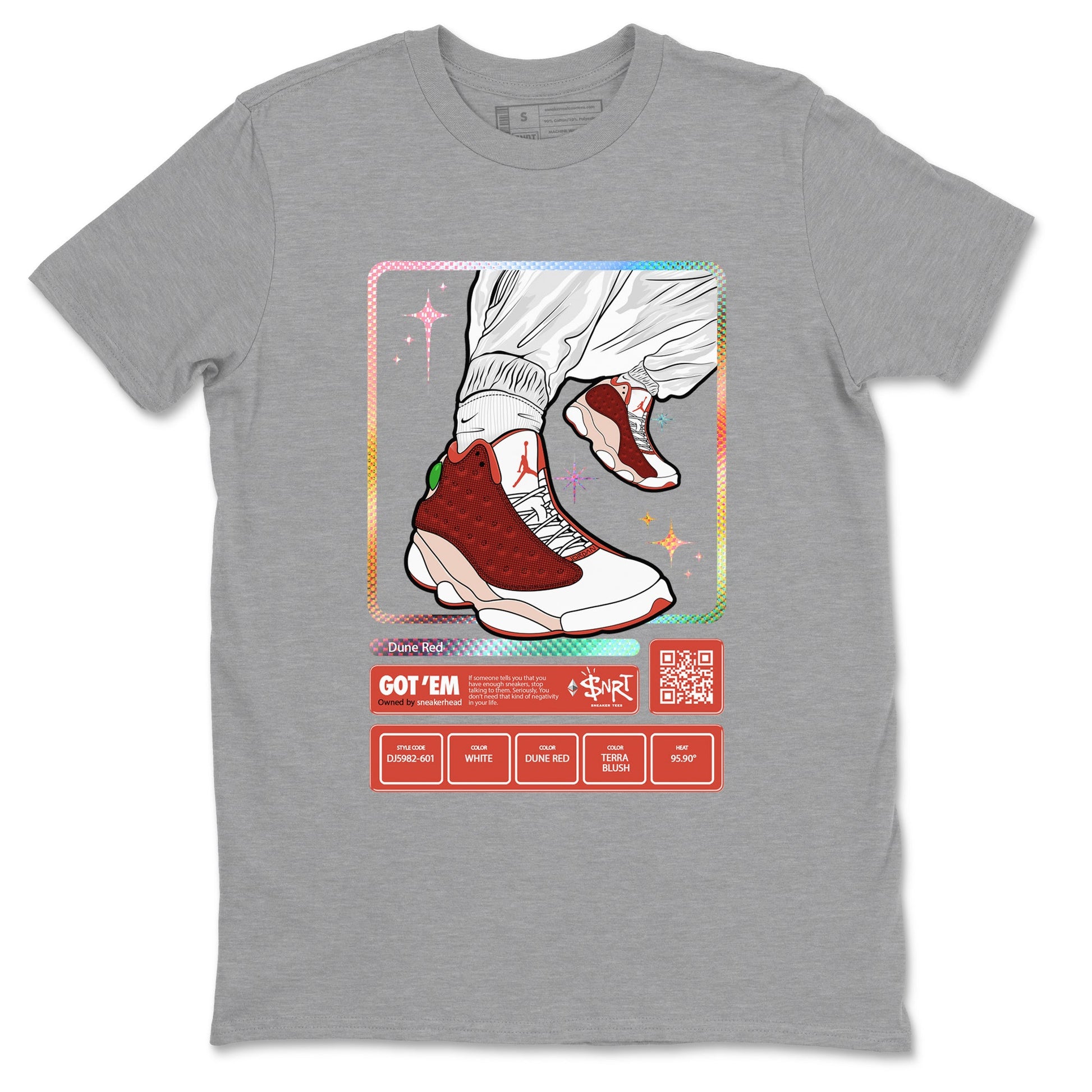 13s Dune Red shirts to match jordans Sneaker Trading Card sneaker match tees Air Jordan 13 Dune Red SNRT Sneaker Tees streetwear brand Heather Grey 2 unisex cotton tee