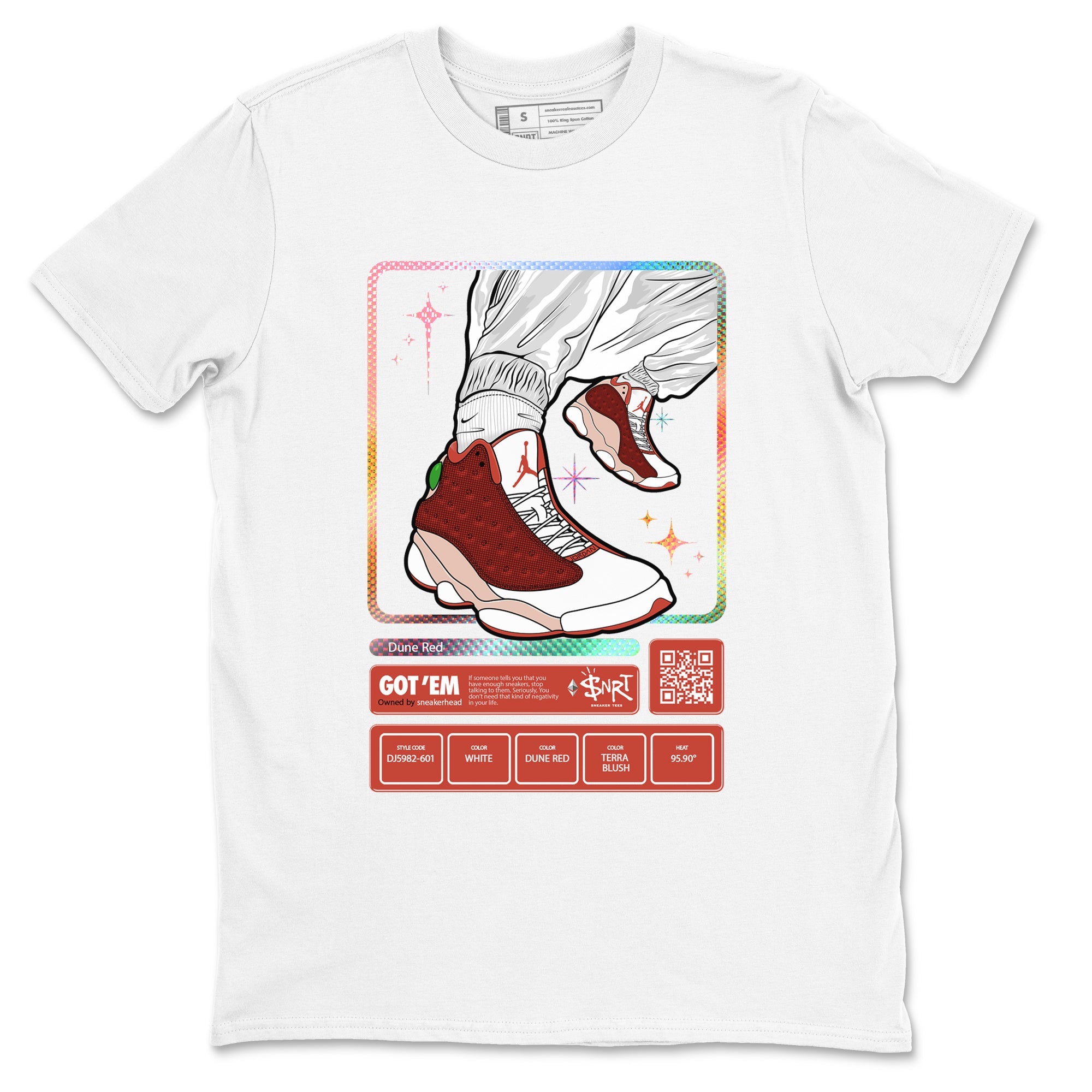 13s Dune Red shirts to match jordans Sneaker Trading Card sneaker match tees Air Jordan 13 Dune Red SNRT Sneaker Tees streetwear brand White 2 unisex cotton tee