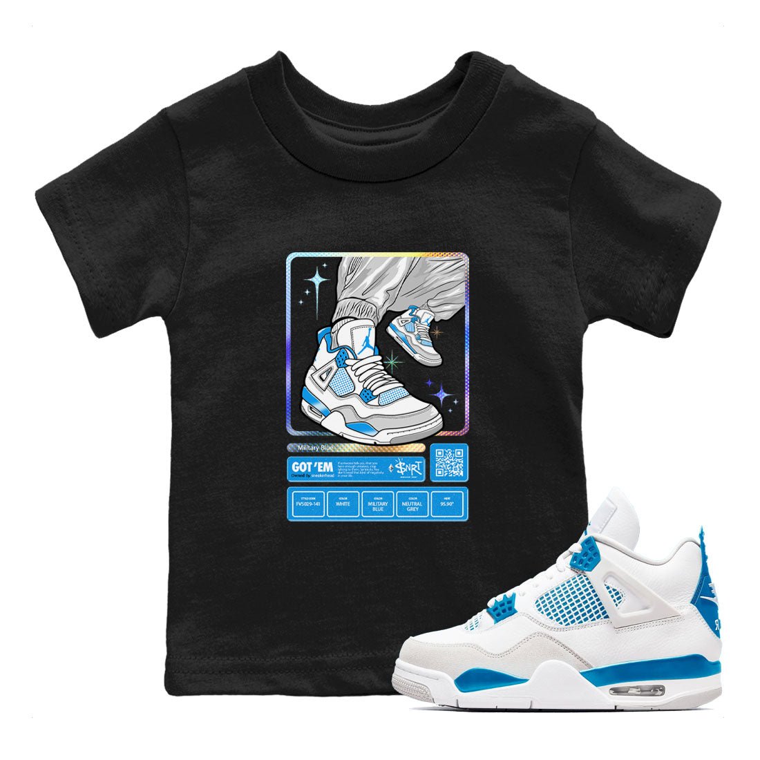 AJ4 Military Blue shirts to match jordans Sneaker Trading Card sneaker match tees Air Jordan 4 Military Blue SNRT Sneaker Tees streetwear brand Baby and Youth Black 1 cotton tee