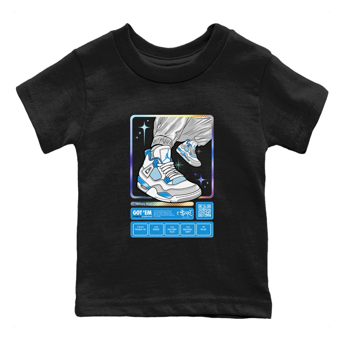 AJ4 Military Blue shirts to match jordans Sneaker Trading Card sneaker match tees Air Jordan 4 Military Blue SNRT Sneaker Tees streetwear brand Baby and Youth Black 2 cotton tee