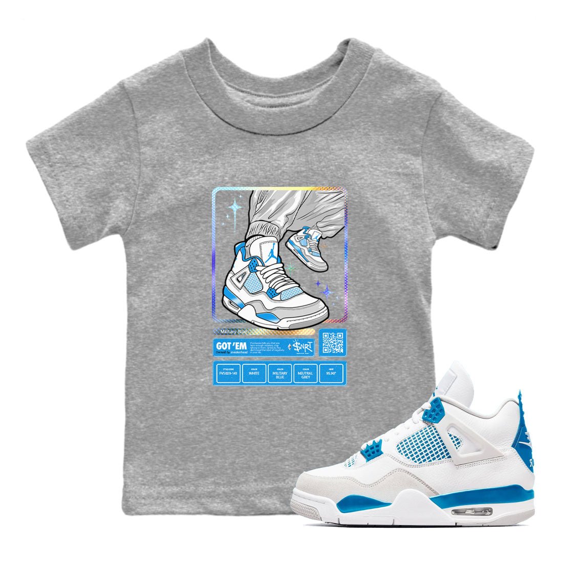 AJ4 Military Blue shirts to match jordans Sneaker Trading Card sneaker match tees Air Jordan 4 Military Blue SNRT Sneaker Tees streetwear brand Baby and Youth Heather Grey 1 cotton tee