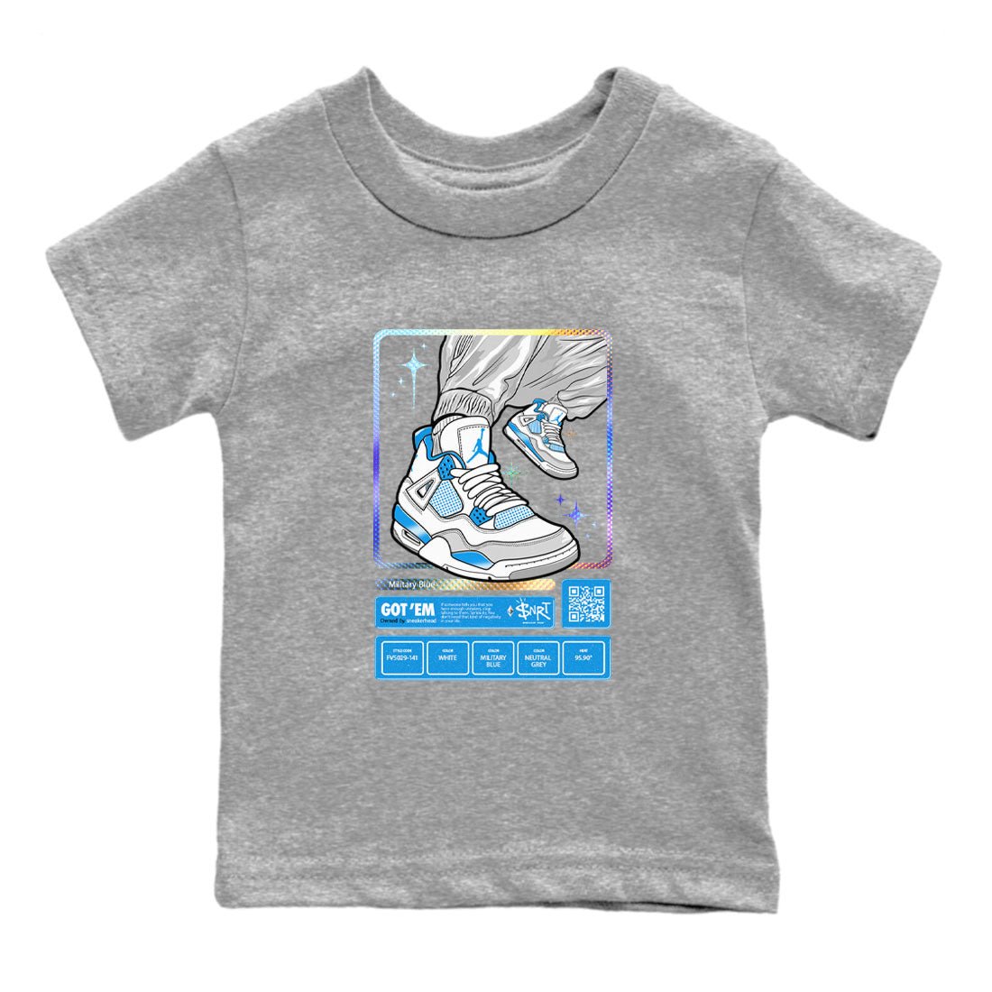 AJ4 Military Blue shirts to match jordans Sneaker Trading Card sneaker match tees Air Jordan 4 Military Blue SNRT Sneaker Tees streetwear brand Baby and Youth Heather Grey 2 cotton tee