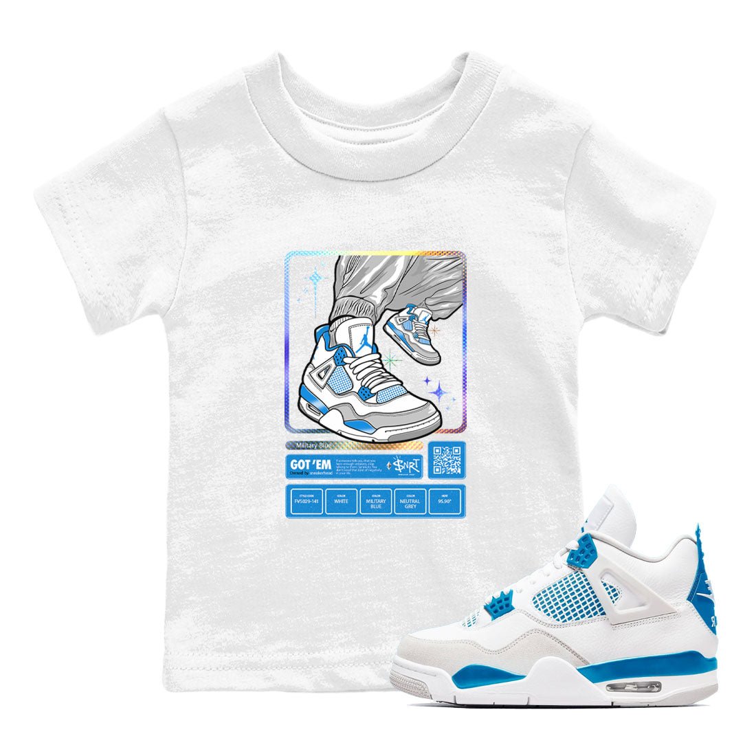 AJ4 Military Blue shirts to match jordans Sneaker Trading Card sneaker match tees Air Jordan 4 Military Blue SNRT Sneaker Tees streetwear brand Baby and Youth White 1 cotton tee