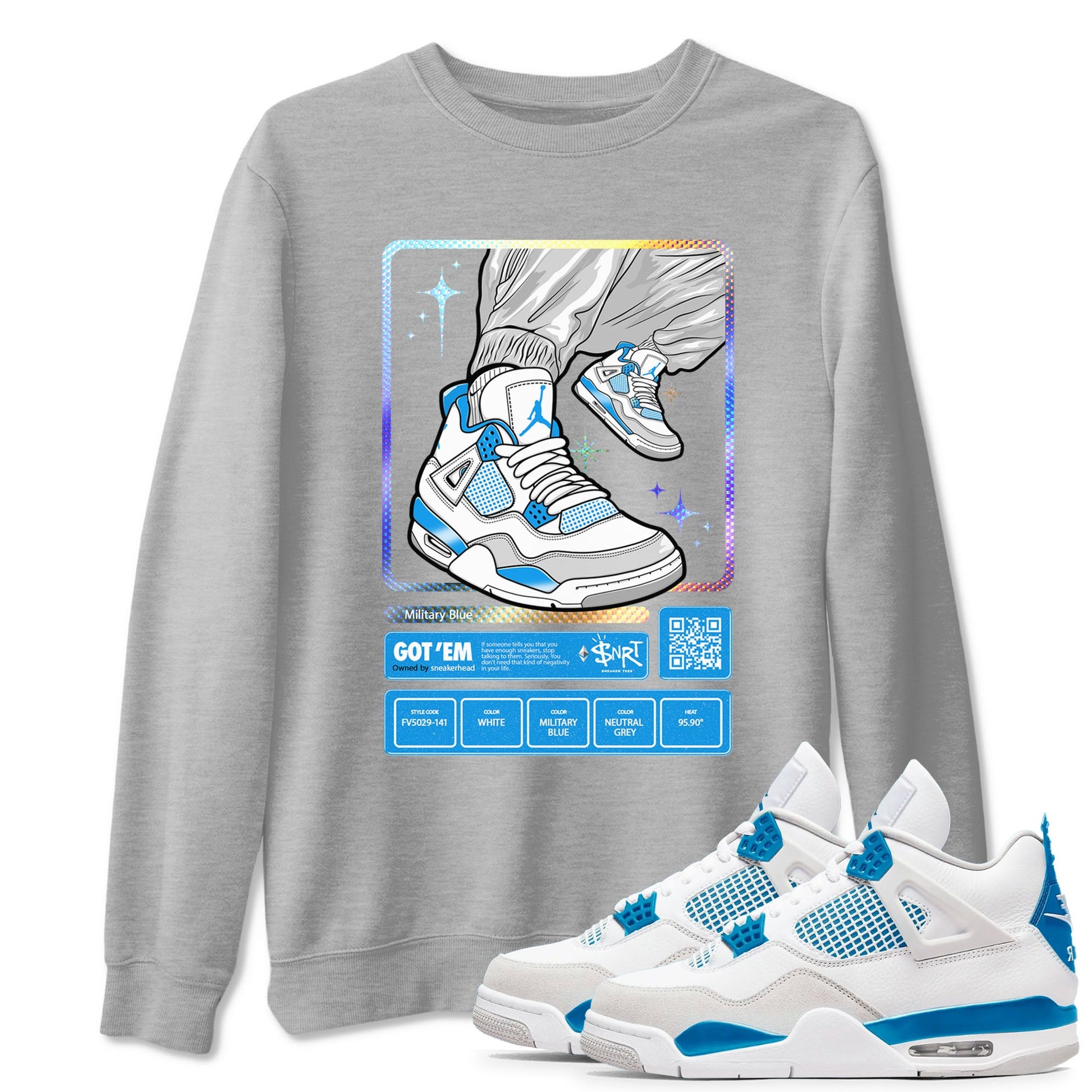 AJ4 Military Blue shirts to match jordans Sneaker Trading Card sneaker match tees Air Jordan 4 Military Blue SNRT Sneaker Tees streetwear brand Heather Grey 1 unisex cotton tee