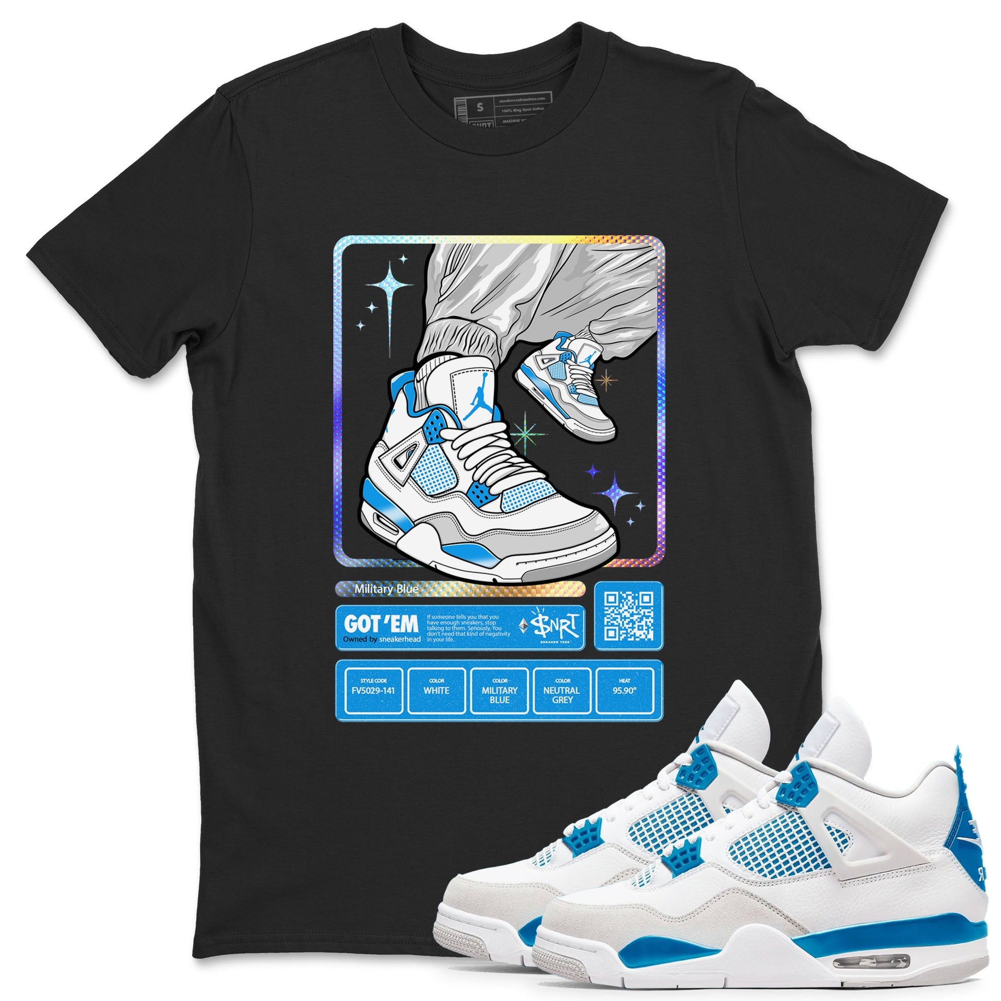 AJ4 Military Blue shirts to match jordans Sneaker Trading Card sneaker match tees Air Jordan 4 Military Blue SNRT Sneaker Tees streetwear brand Black 1 unisex cotton tee