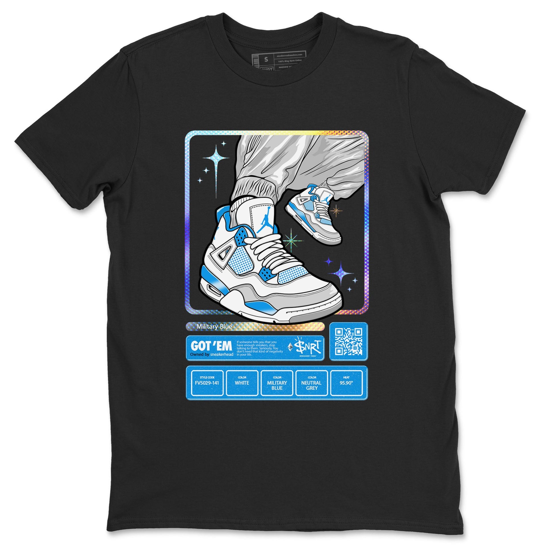 AJ4 Military Blue shirts to match jordans Sneaker Trading Card sneaker match tees Air Jordan 4 Military Blue SNRT Sneaker Tees streetwear brand Black 2 unisex cotton tee