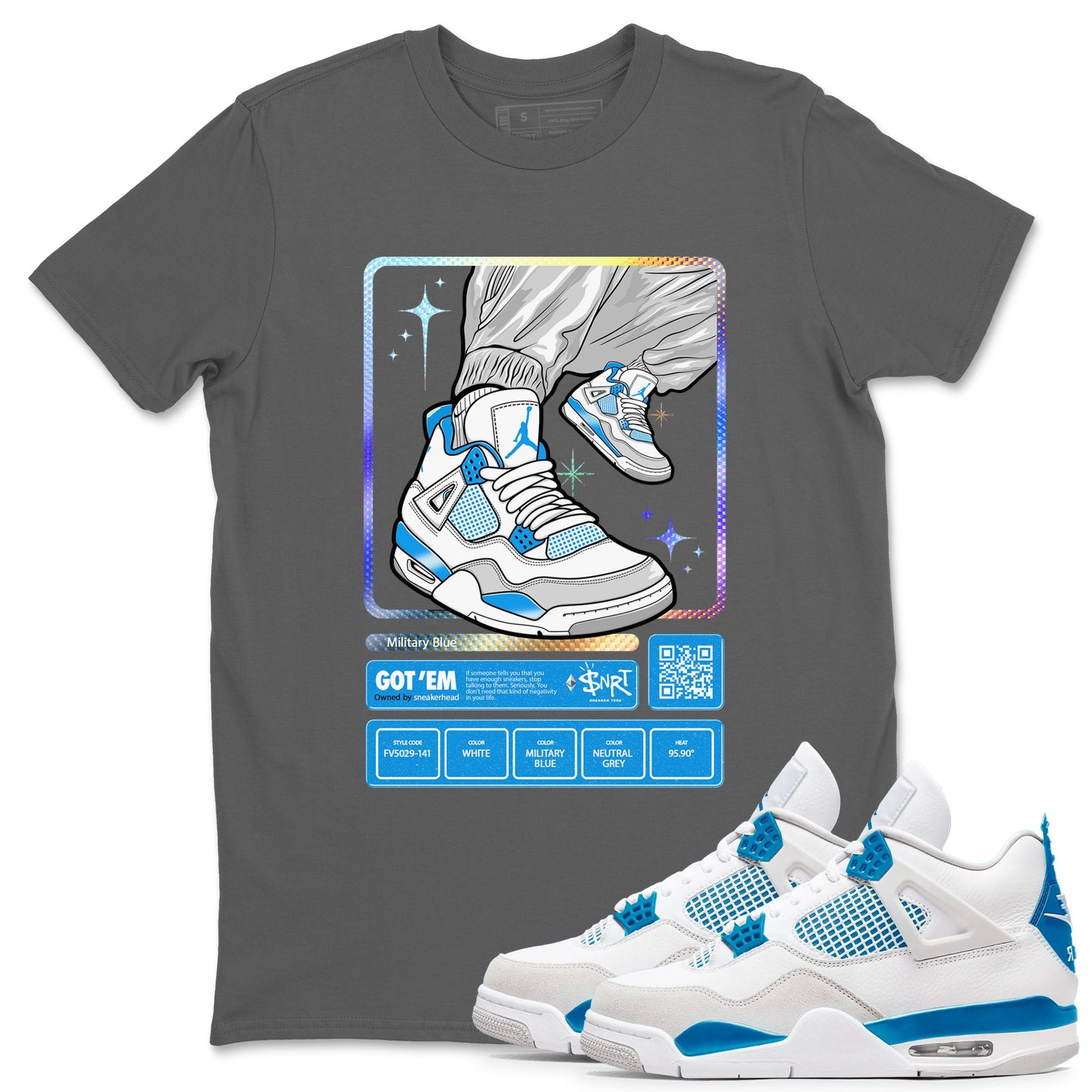 AJ4 Military Blue shirts to match jordans Sneaker Trading Card sneaker match tees Air Jordan 4 Military Blue SNRT Sneaker Tees streetwear brand Cool Grey 1 unisex cotton tee