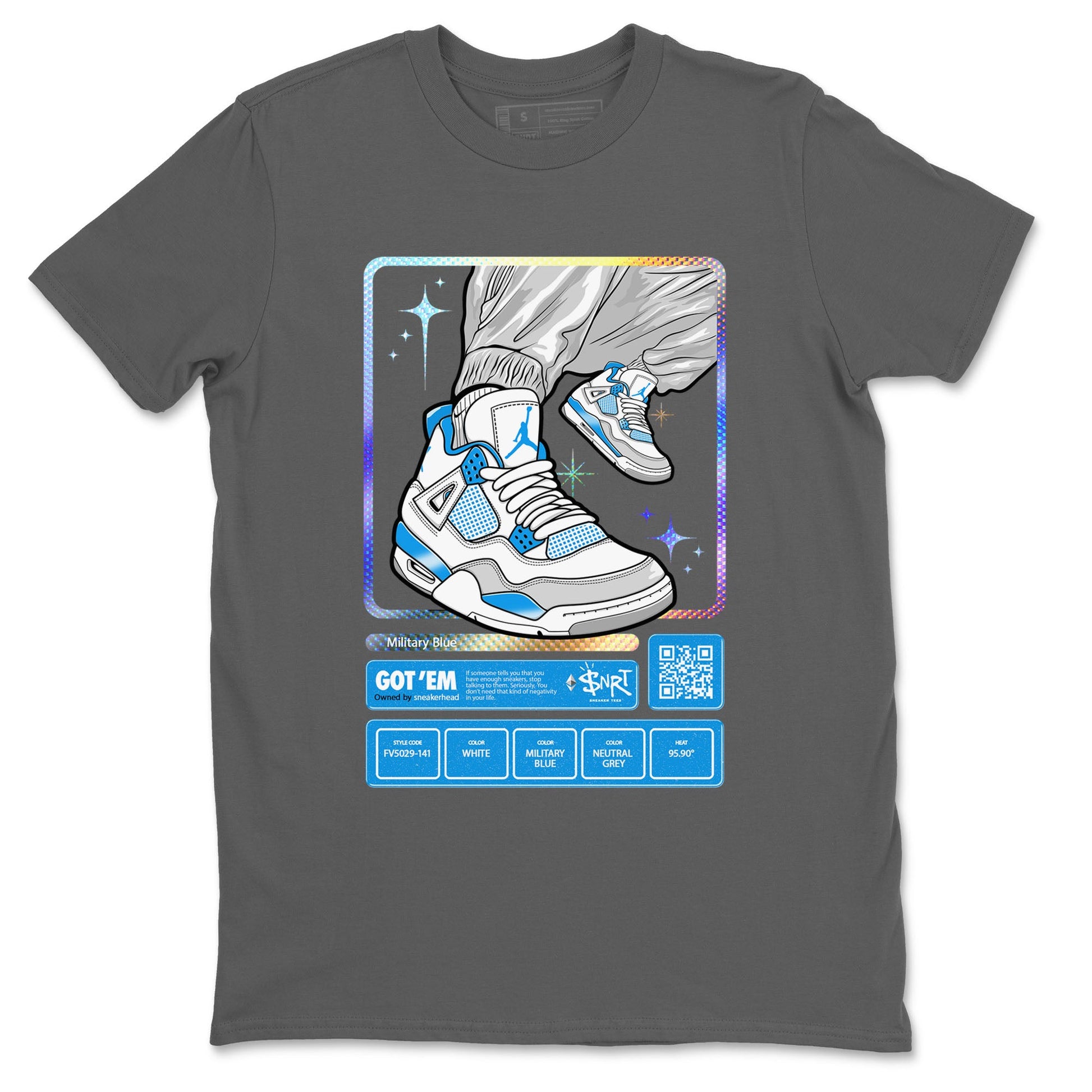 AJ4 Military Blue shirts to match jordans Sneaker Trading Card sneaker match tees Air Jordan 4 Military Blue SNRT Sneaker Tees streetwear brand Cool Grey 2 unisex cotton tee
