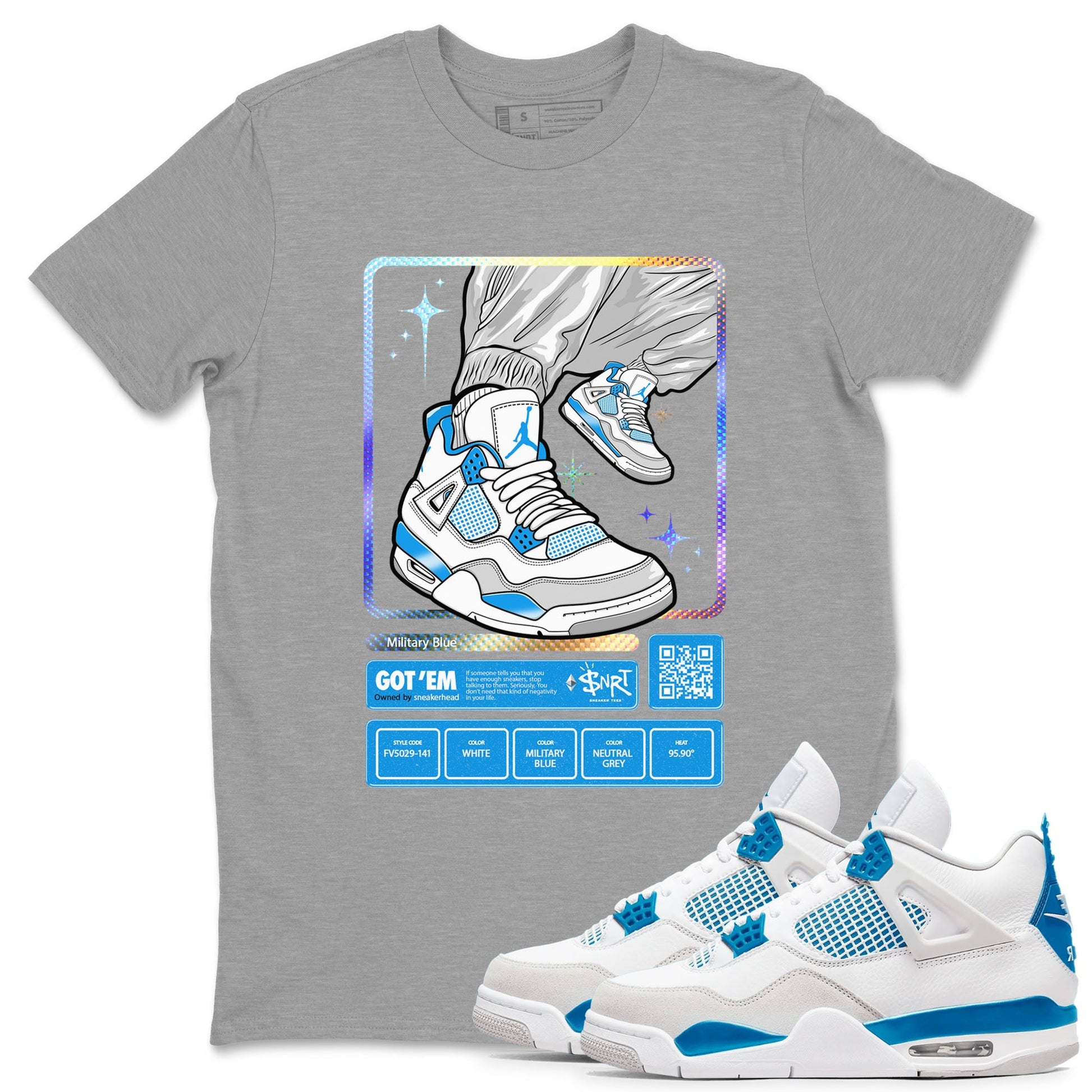AJ4 Military Blue shirts to match jordans Sneaker Trading Card sneaker match tees Air Jordan 4 Military Blue SNRT Sneaker Tees streetwear brand Heather Grey 1 unisex cotton tee