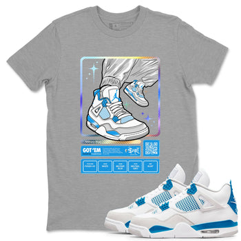 AJ4 Military Blue shirts to match jordans Sneaker Trading Card sneaker match tees Air Jordan 4 Military Blue SNRT Sneaker Tees streetwear brand Heather Grey 1 unisex cotton tee