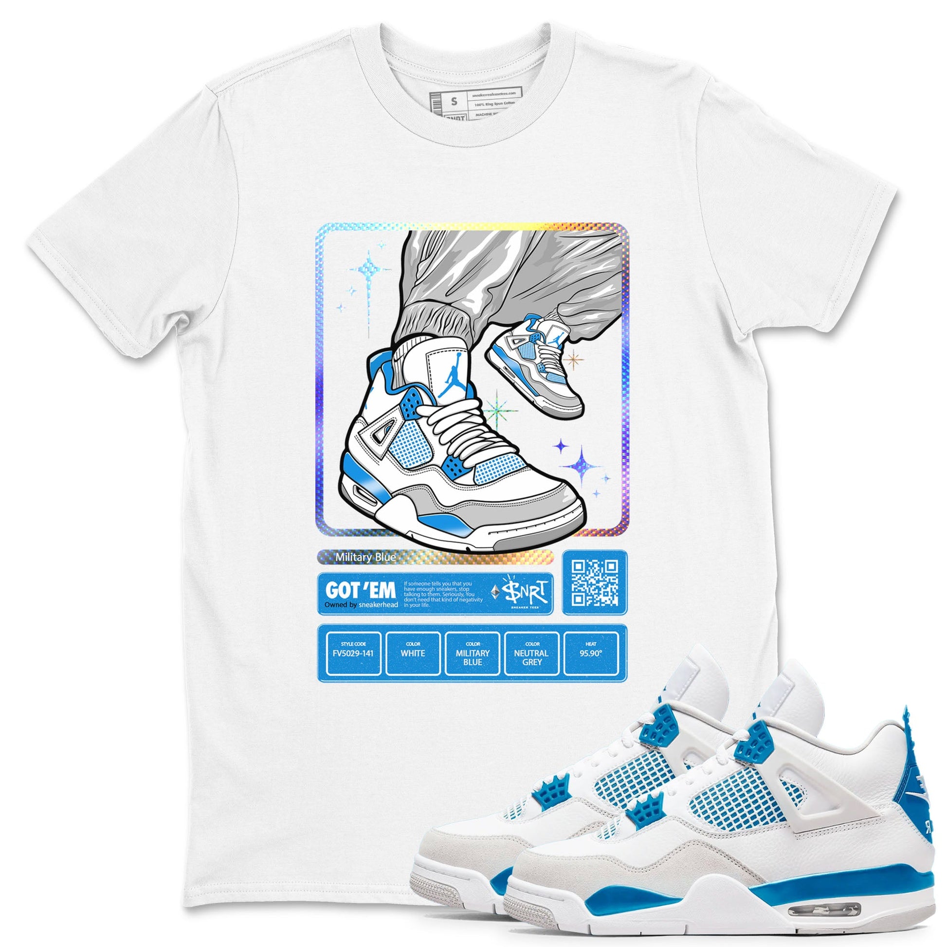 AJ4 Military Blue shirts to match jordans Sneaker Trading Card sneaker match tees Air Jordan 4 Military Blue SNRT Sneaker Tees streetwear brand White 1 unisex cotton tee
