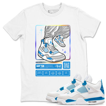 AJ4 Military Blue shirts to match jordans Sneaker Trading Card sneaker match tees Air Jordan 4 Military Blue SNRT Sneaker Tees streetwear brand White 1 unisex cotton tee