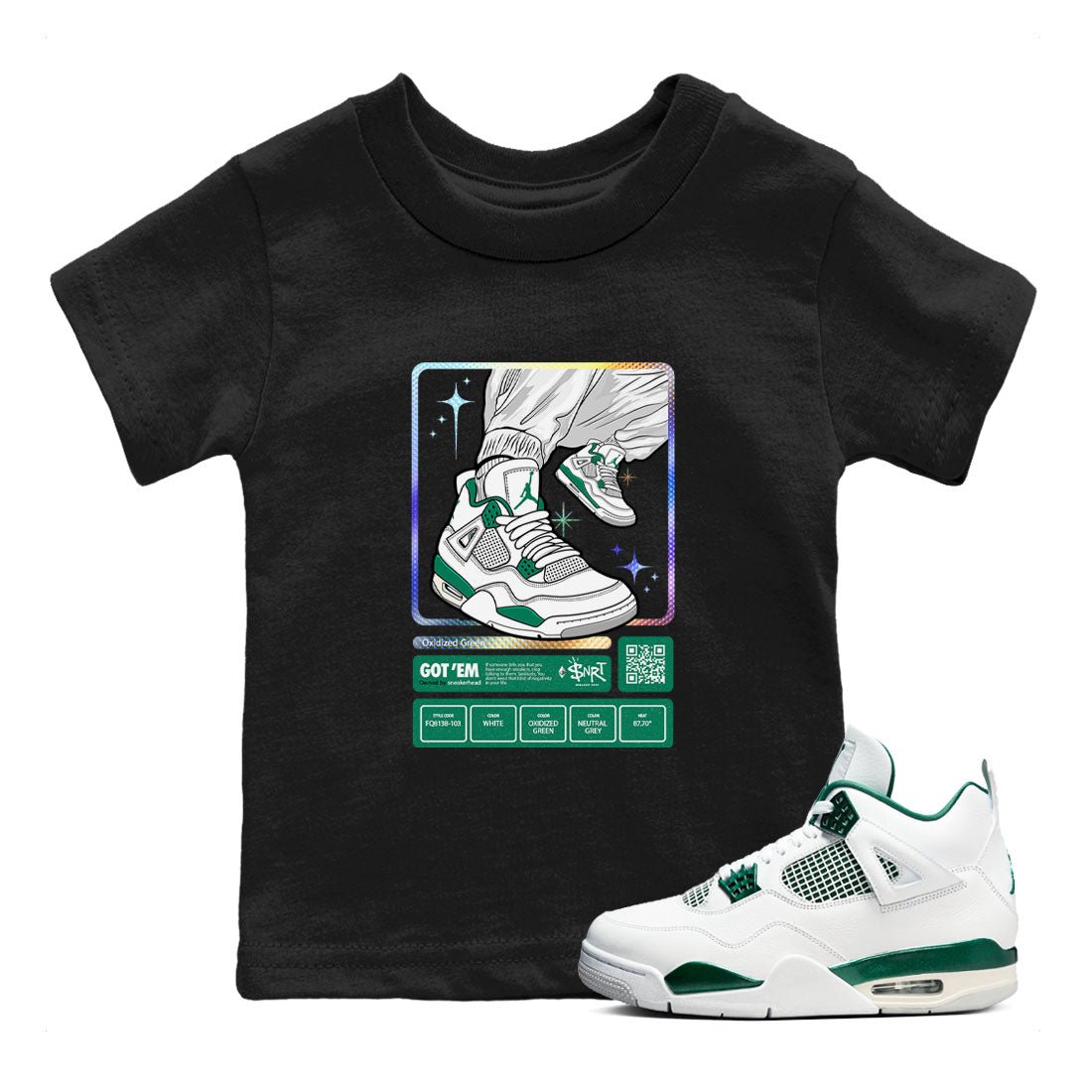 AJ4 Oxidized Green shirts to match jordans Sneaker Trading Card sneaker match tees Air Jordan 4 Oxidized Green SNRT Sneaker Tees streetwear brand Baby and Youth Black 1 cotton tee