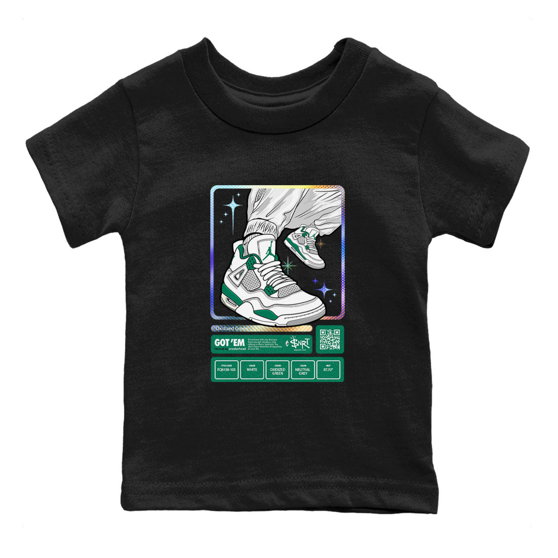 AJ4 Oxidized Green shirts to match jordans Sneaker Trading Card sneaker match tees Air Jordan 4 Oxidized Green SNRT Sneaker Tees streetwear brand Baby and Youth Black 2 cotton tee
