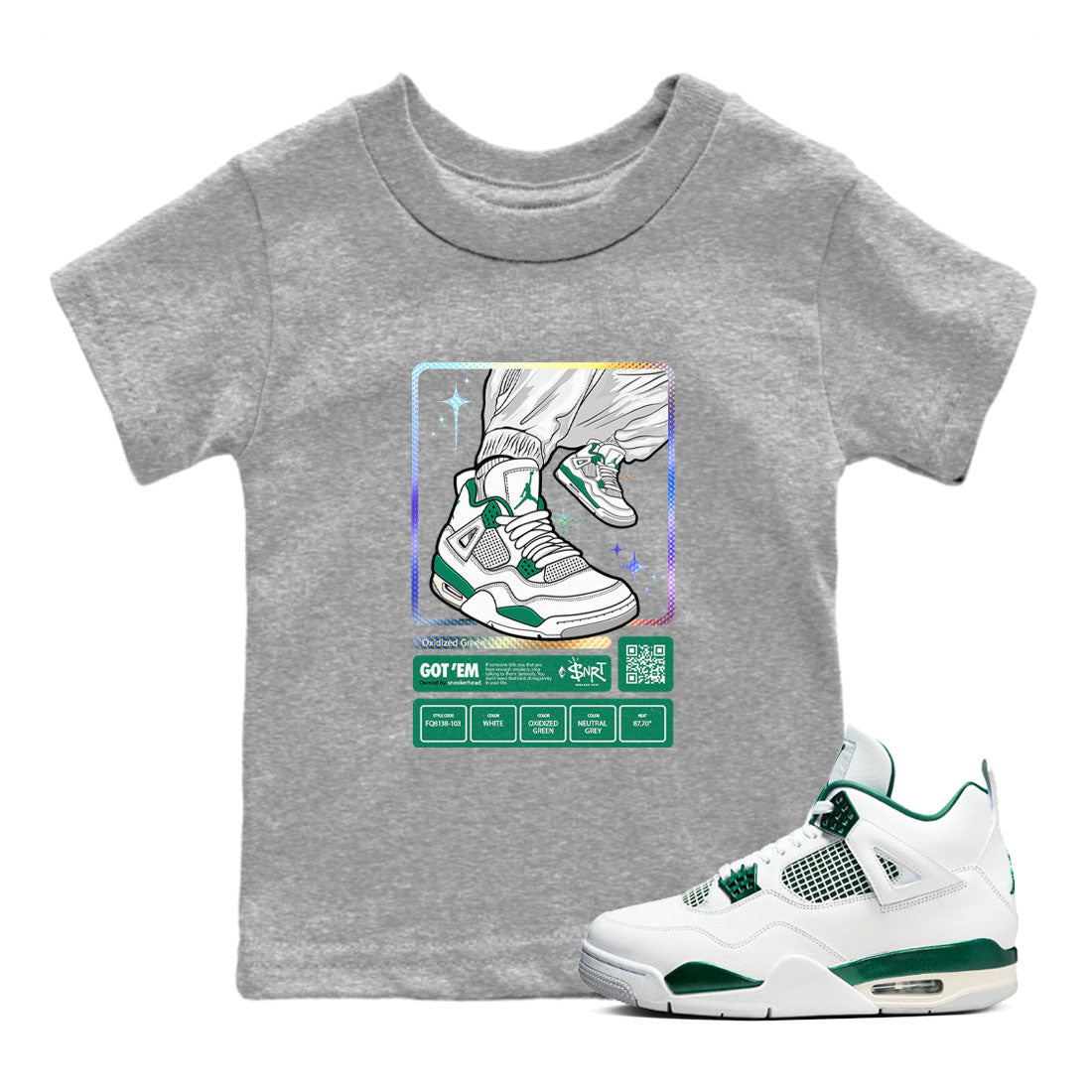 AJ4 Oxidized Green shirts to match jordans Sneaker Trading Card sneaker match tees Air Jordan 4 Oxidized Green SNRT Sneaker Tees streetwear brand Baby and Youth Heather Grey 1 cotton tee