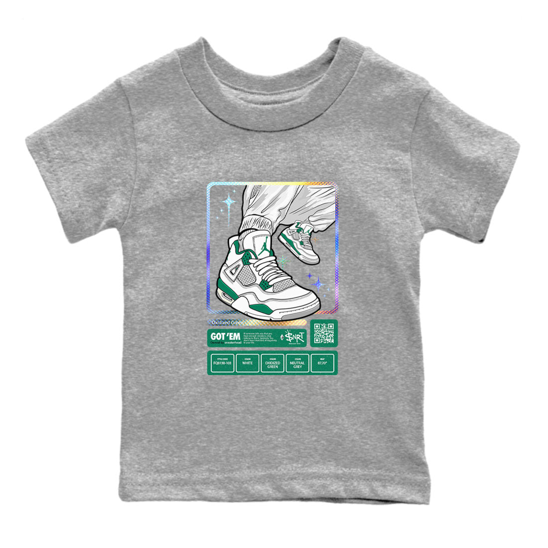AJ4 Oxidized Green shirts to match jordans Sneaker Trading Card sneaker match tees Air Jordan 4 Oxidized Green SNRT Sneaker Tees streetwear brand Baby and Youth Heather Grey 2 cotton tee