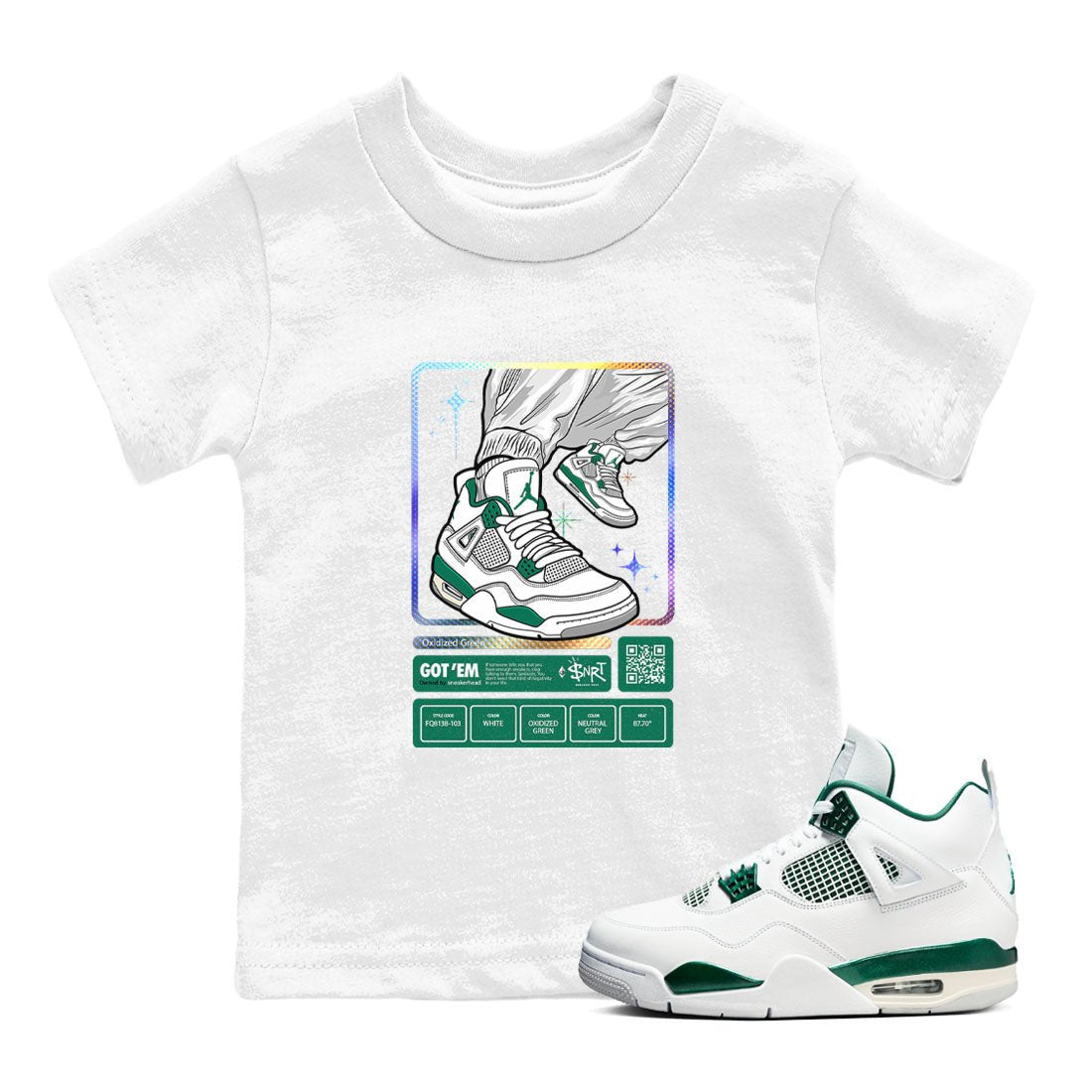 AJ4 Oxidized Green shirts to match jordans Sneaker Trading Card sneaker match tees Air Jordan 4 Oxidized Green SNRT Sneaker Tees streetwear brand Baby and Youth White 1 cotton tee