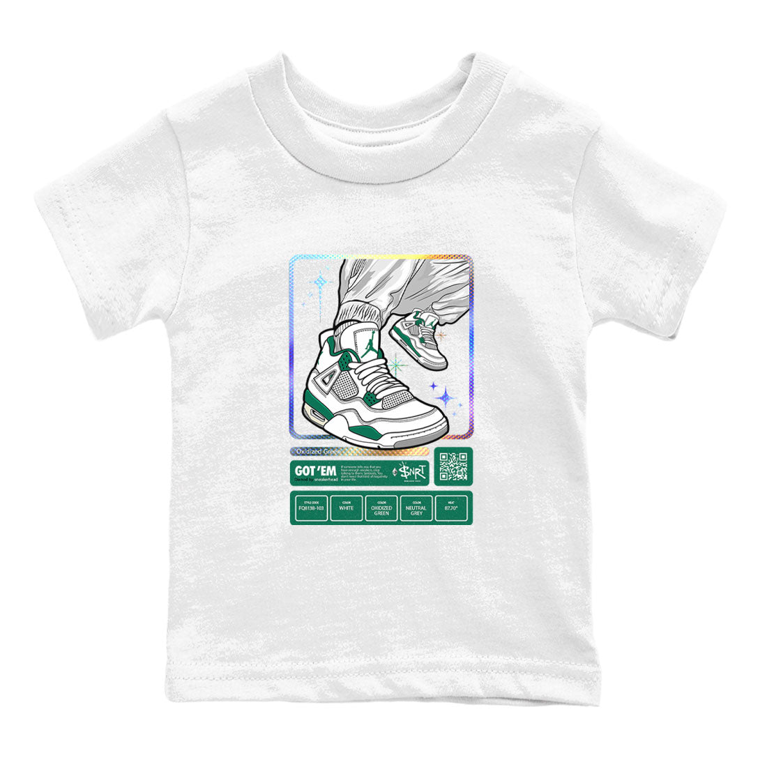 AJ4 Oxidized Green shirts to match jordans Sneaker Trading Card sneaker match tees Air Jordan 4 Oxidized Green SNRT Sneaker Tees streetwear brand Baby and Youth White 2 cotton tee