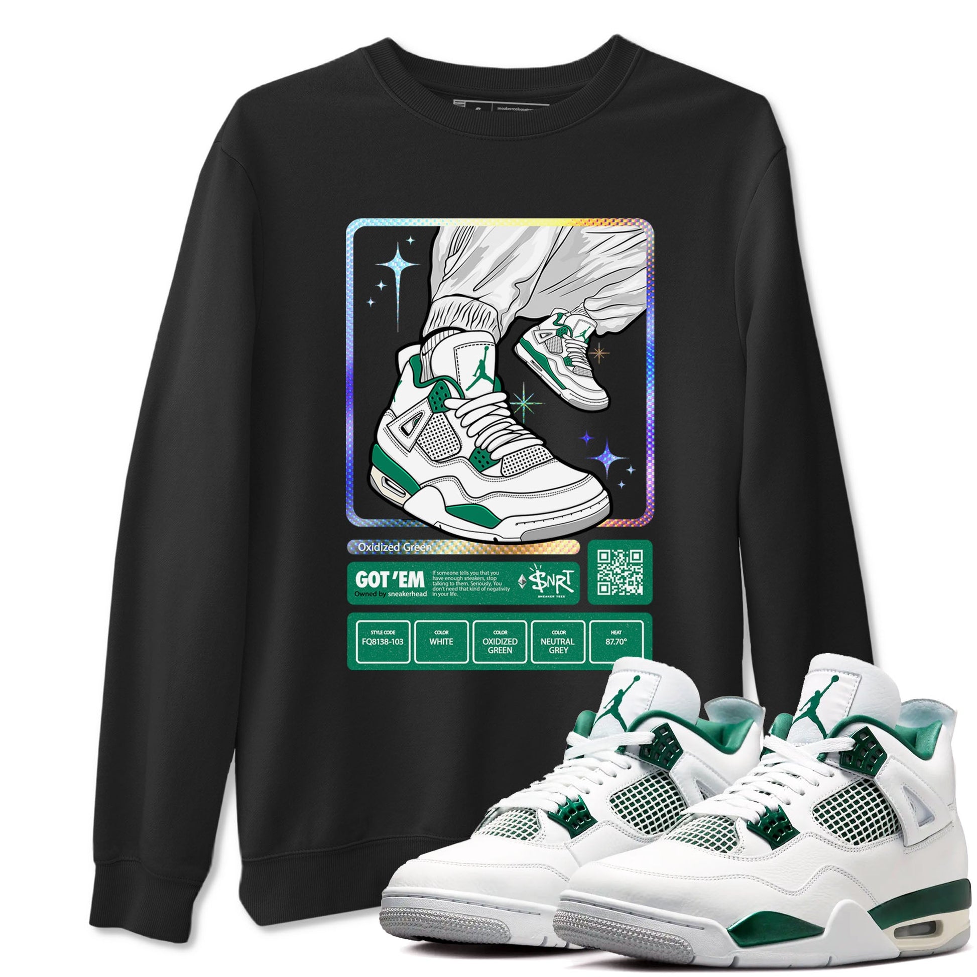 AJ4 Oxidized Green shirts to match jordans Sneaker Trading Card sneaker match tees Air Jordan 4 Oxidized Green SNRT Sneaker Tees streetwear brand Black 1 unisex cotton tee