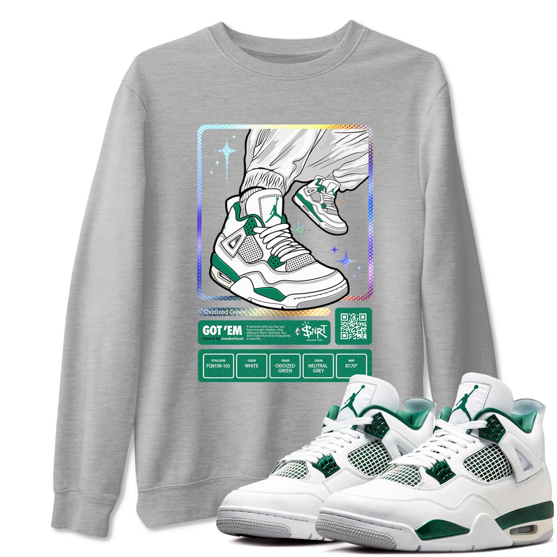 AJ4 Oxidized Green shirts to match jordans Sneaker Trading Card sneaker match tees Air Jordan 4 Oxidized Green SNRT Sneaker Tees streetwear brand Heather Grey 1 unisex cotton tee