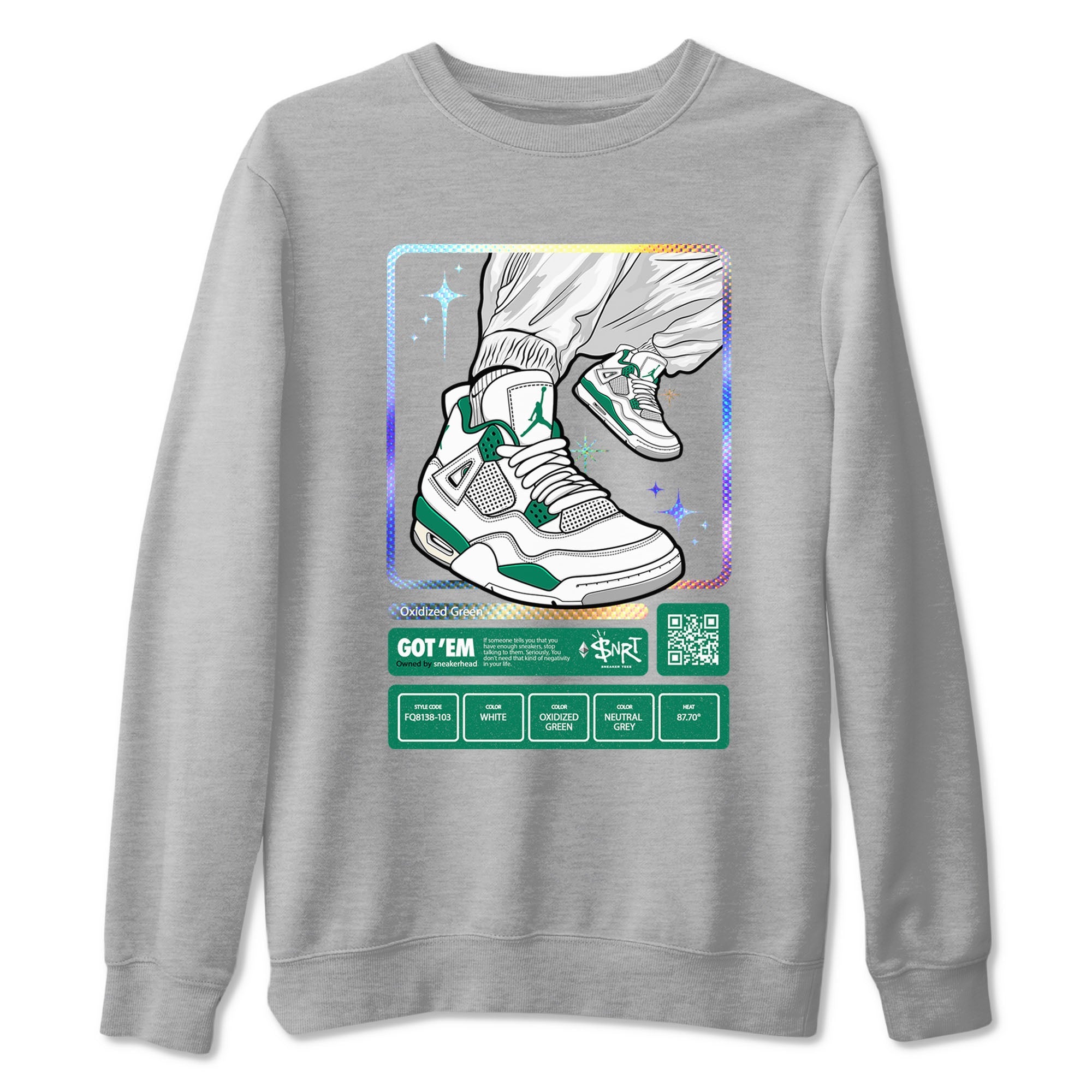 AJ4 Oxidized Green shirts to match jordans Sneaker Trading Card sneaker match tees Air Jordan 4 Oxidized Green SNRT Sneaker Tees streetwear brand Heather Grey 2 unisex cotton tee