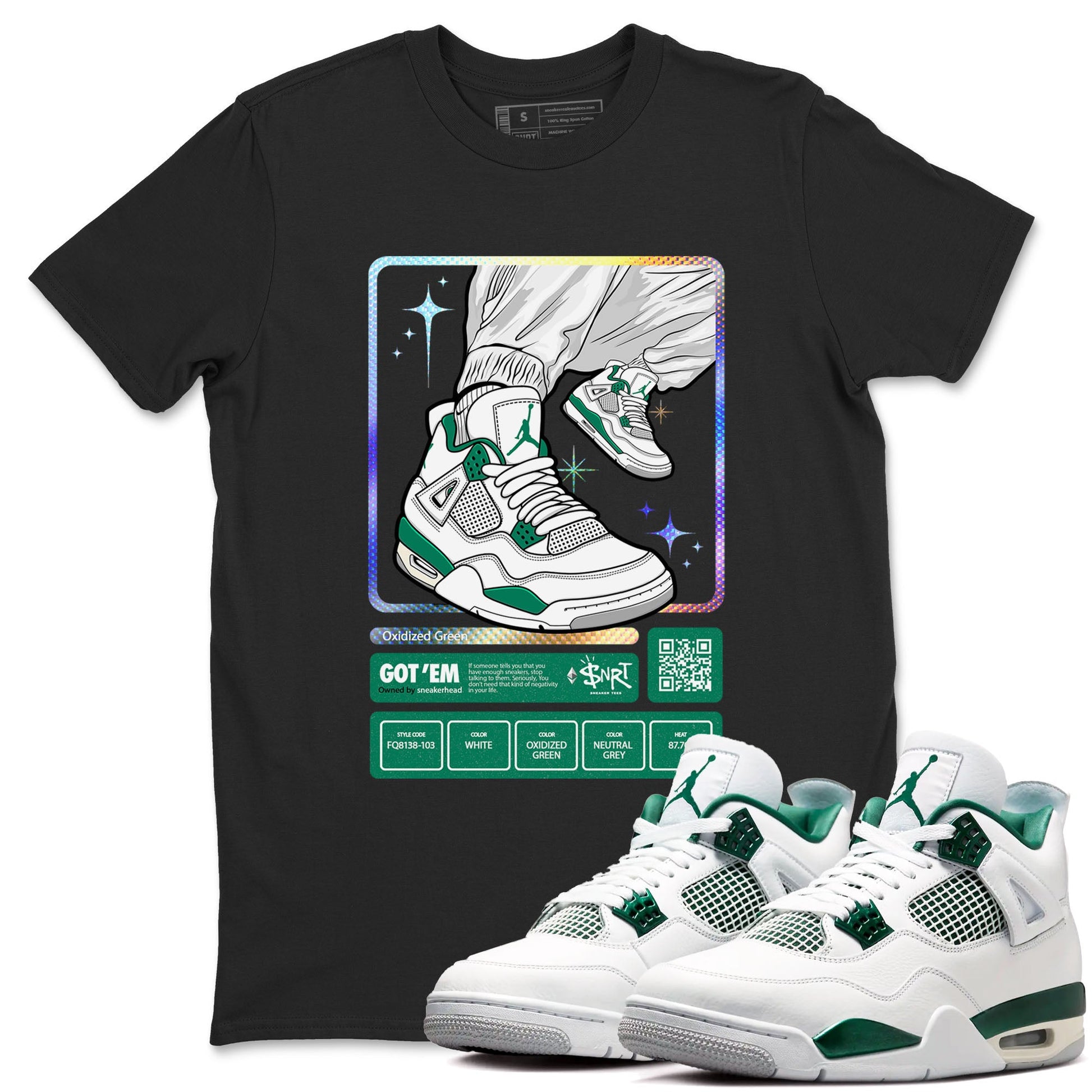 AJ4 Oxidized Green shirts to match jordans Sneaker Trading Card sneaker match tees Air Jordan 4 Oxidized Green SNRT Sneaker Tees streetwear brand Black 1 unisex cotton tee