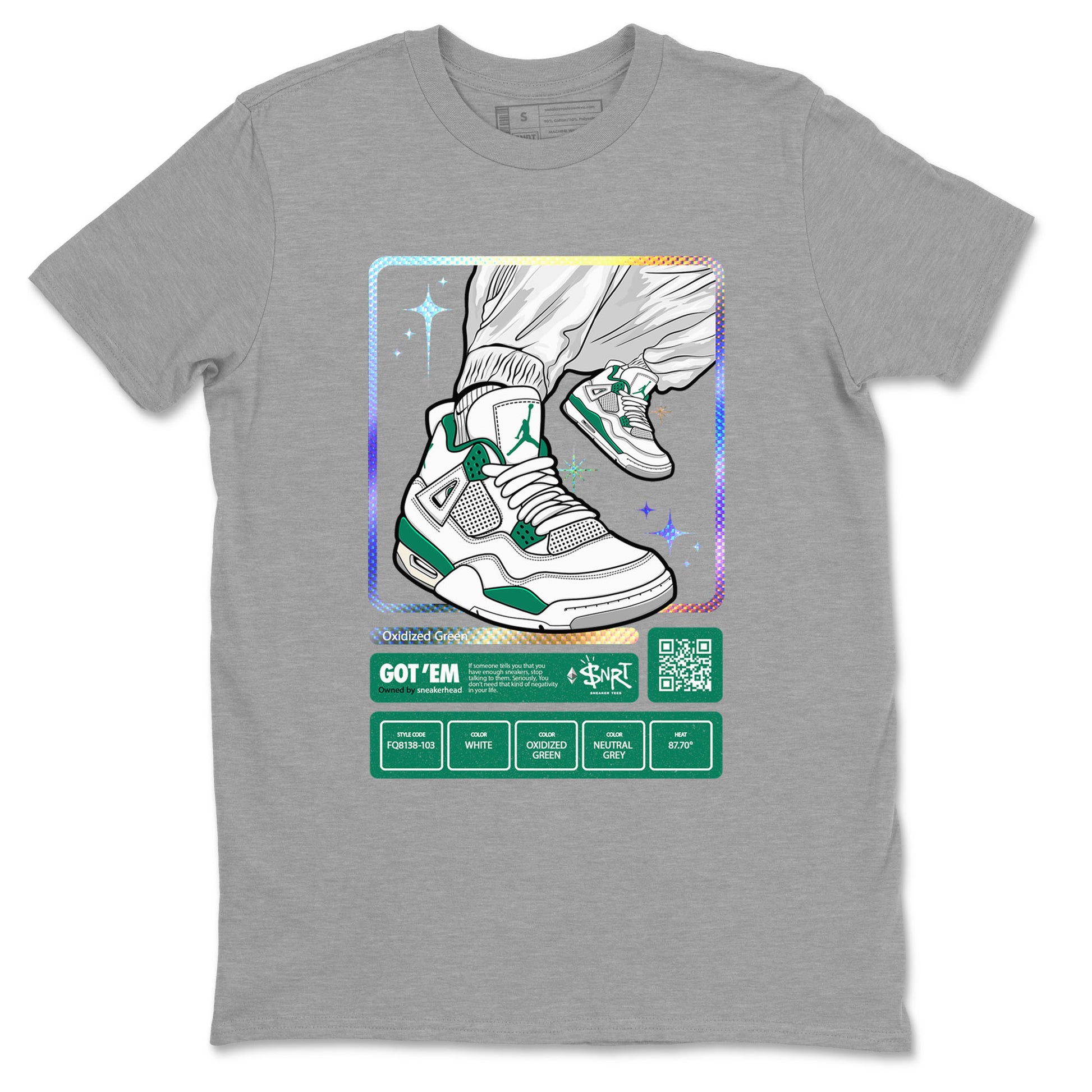 AJ4 Oxidized Green shirts to match jordans Sneaker Trading Card sneaker match tees Air Jordan 4 Oxidized Green SNRT Sneaker Tees streetwear brand Heather Grey 2 unisex cotton tee