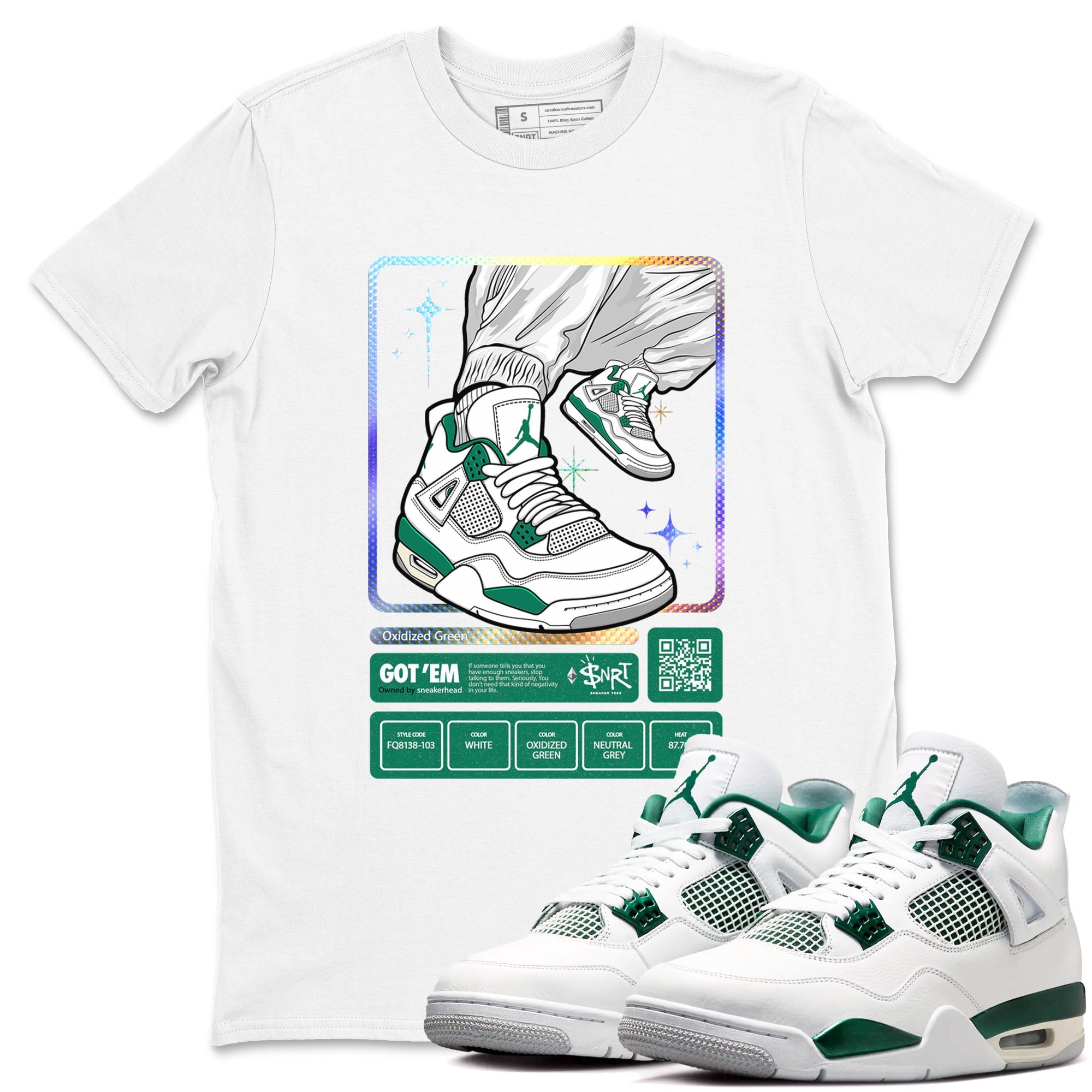 AJ4 Oxidized Green shirts to match jordans Sneaker Trading Card sneaker match tees Air Jordan 4 Oxidized Green SNRT Sneaker Tees streetwear brand White 1 unisex cotton tee