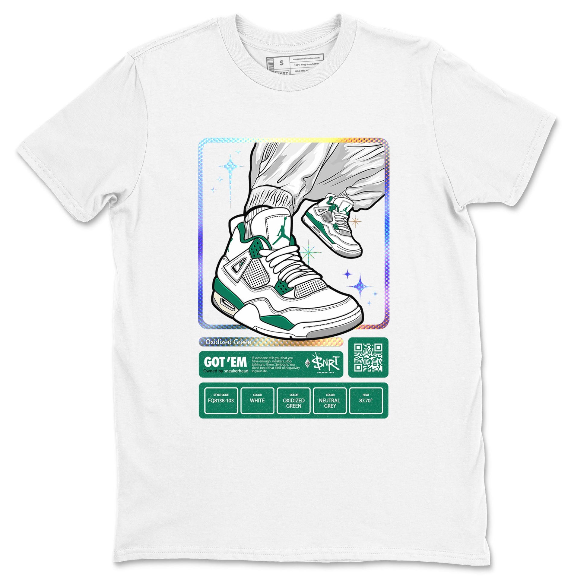 AJ4 Oxidized Green shirts to match jordans Sneaker Trading Card sneaker match tees Air Jordan 4 Oxidized Green SNRT Sneaker Tees streetwear brand White 2 unisex cotton tee
