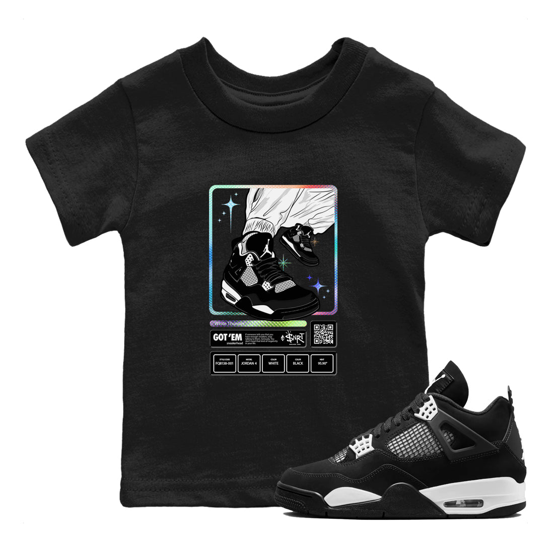 AJ4 White Thunder shirts to match jordans Sneaker Trading Card sneaker match tees Air Jordan 4 White Thunder SNRT Sneaker Tees streetwear brand Baby and Youth Black 1 cotton tee