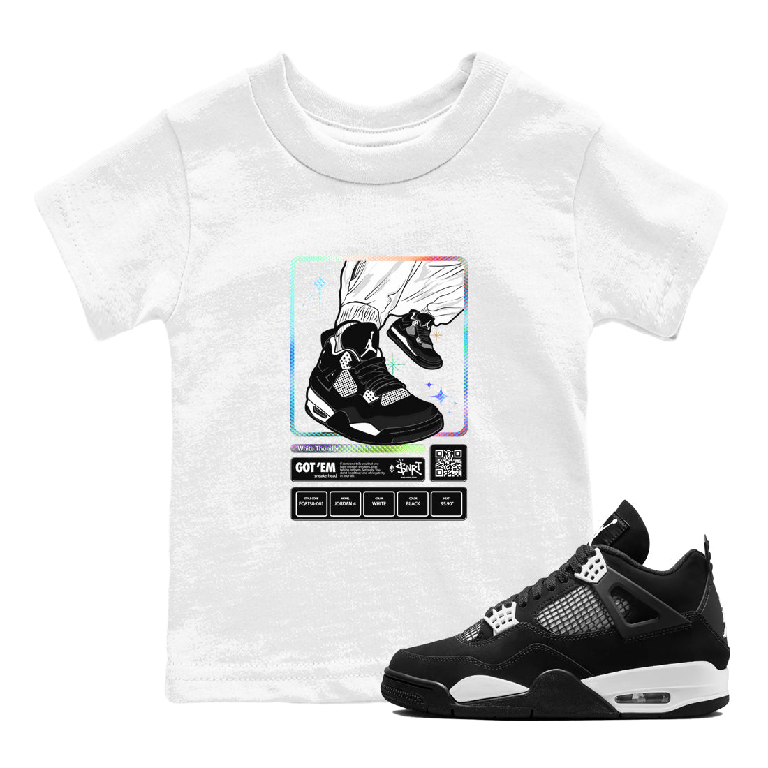 AJ4 White Thunder shirts to match jordans Sneaker Trading Card sneaker match tees Air Jordan 4 White Thunder SNRT Sneaker Tees streetwear brand Baby and Youth White 1 cotton tee