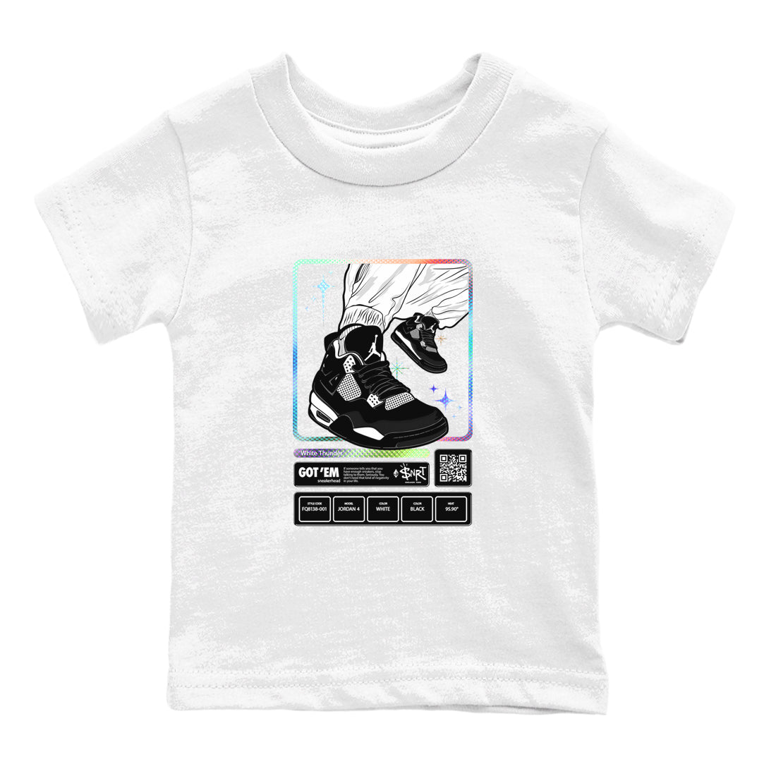 AJ4 White Thunder shirts to match jordans Sneaker Trading Card sneaker match tees Air Jordan 4 White Thunder SNRT Sneaker Tees streetwear brand Baby and Youth White 2 cotton tee