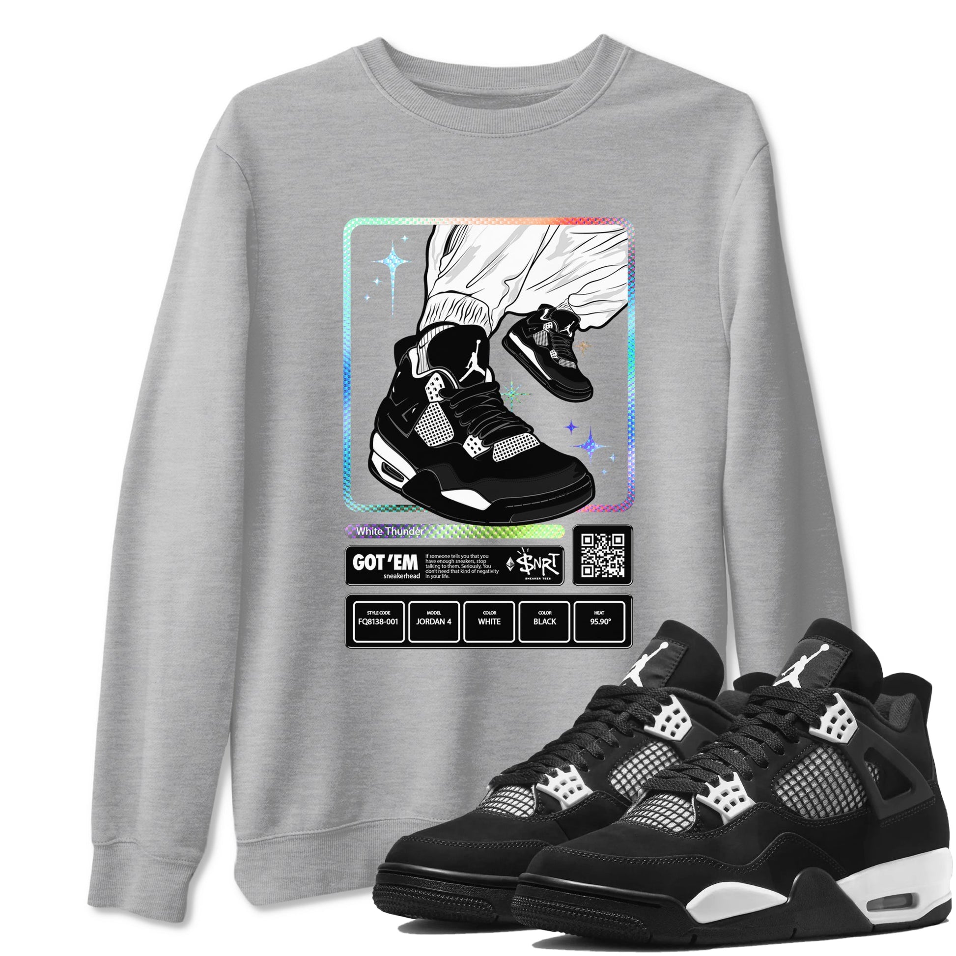 AJ4 White Thunder shirts to match jordans Sneaker Trading Card sneaker match tees Air Jordan 4 White Thunder SNRT Sneaker Tees streetwear brand Heather Grey 1 unisex cotton tee