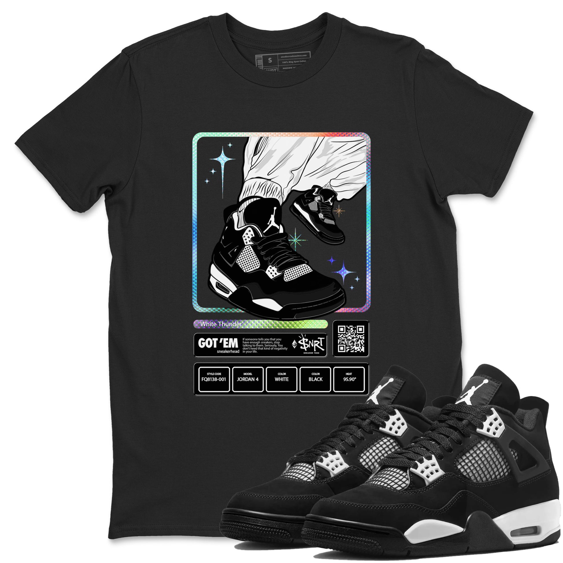 AJ4 White Thunder shirts to match jordans Sneaker Trading Card sneaker match tees Air Jordan 4 White Thunder SNRT Sneaker Tees streetwear brand Black 1 unisex cotton tee