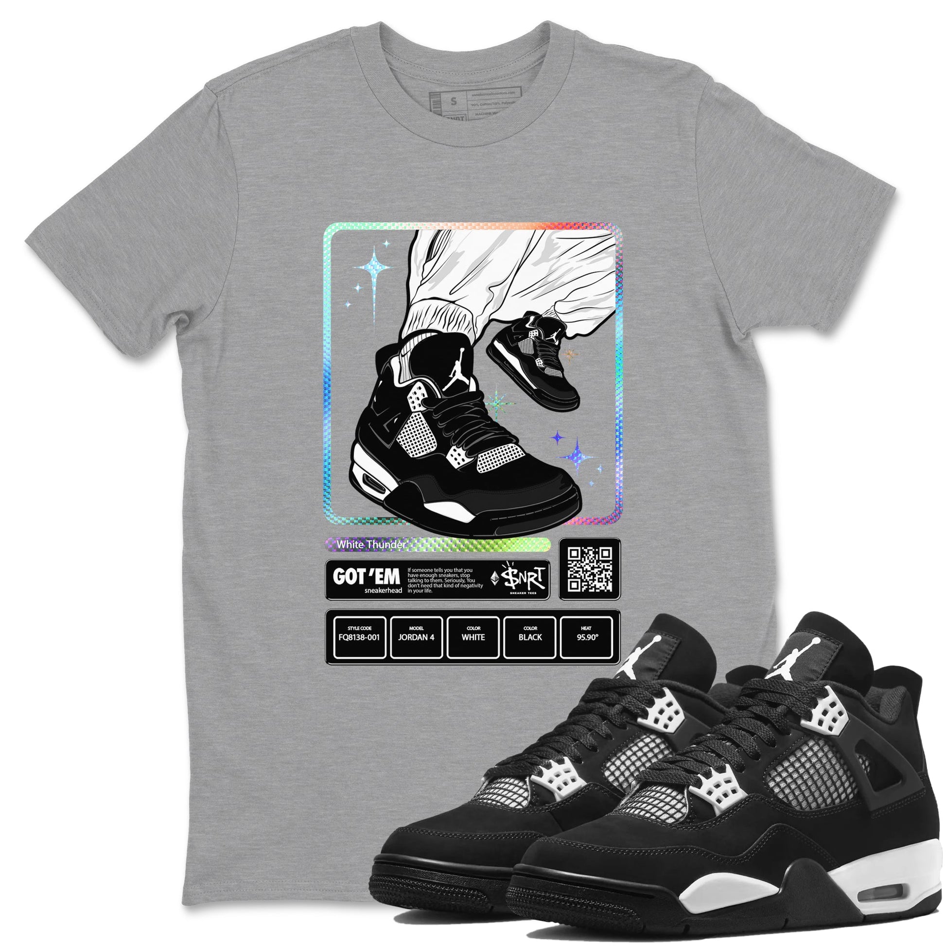 AJ4 White Thunder shirts to match jordans Sneaker Trading Card sneaker match tees Air Jordan 4 White Thunder SNRT Sneaker Tees streetwear brand Heather Grey 1 unisex cotton tee