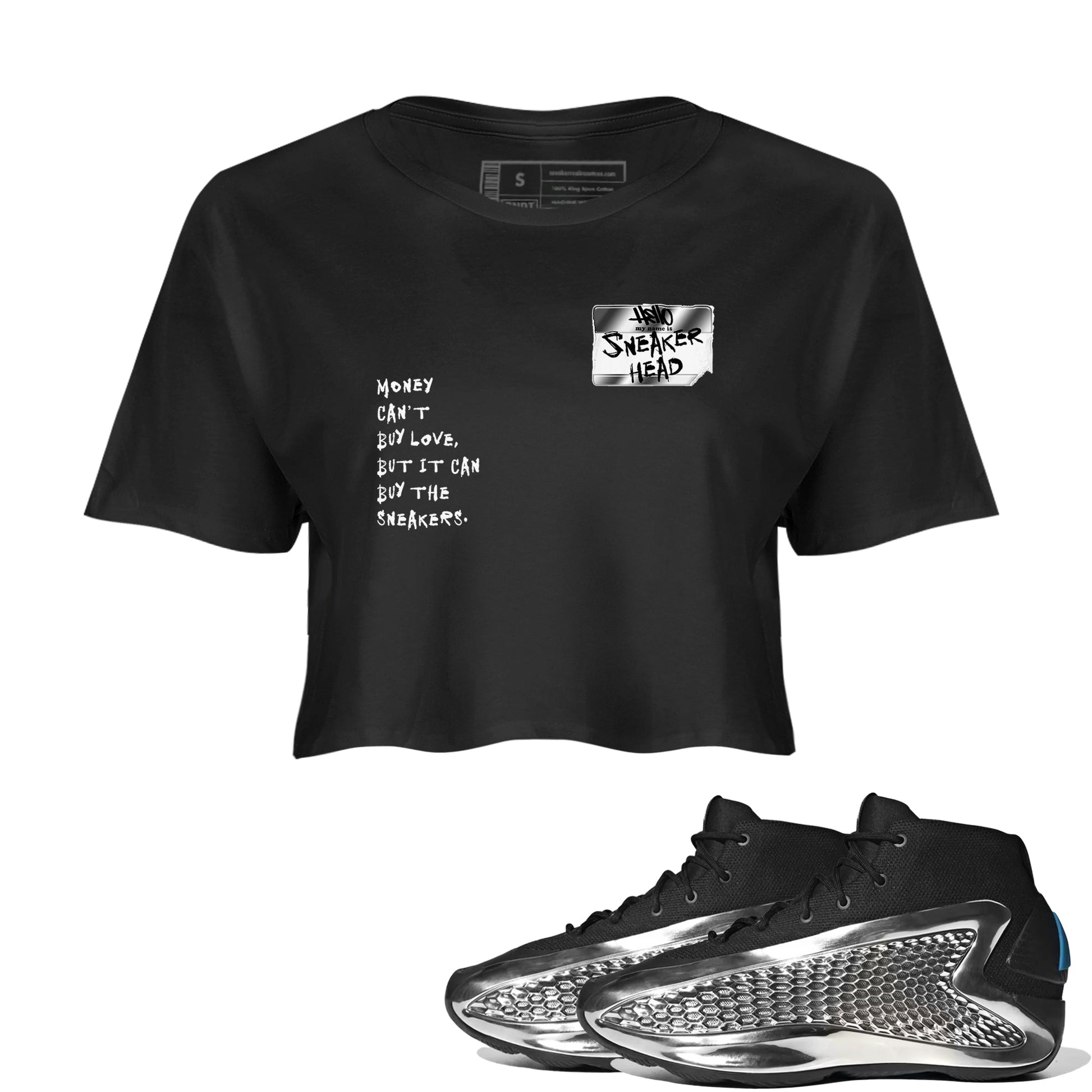 AE 1 Silver Metallic shirts to match jordans Sneakerhead Badge graphic tees AE 1 Silver Metallic t shirts to match sneakers SNRT Sneaker Tees unisex cotton Black 1 crop tee