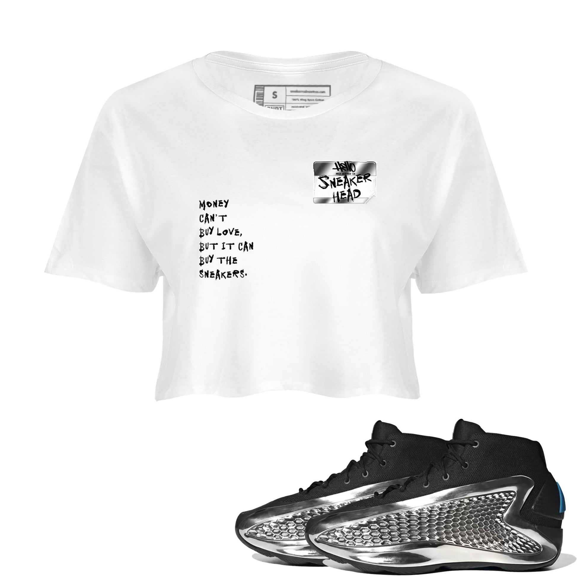 AE 1 Silver Metallic shirts to match jordans Sneakerhead Badge graphic tees AE 1 Silver Metallic t shirts to match sneakers SNRT Sneaker Tees unisex cotton White 1 crop tee