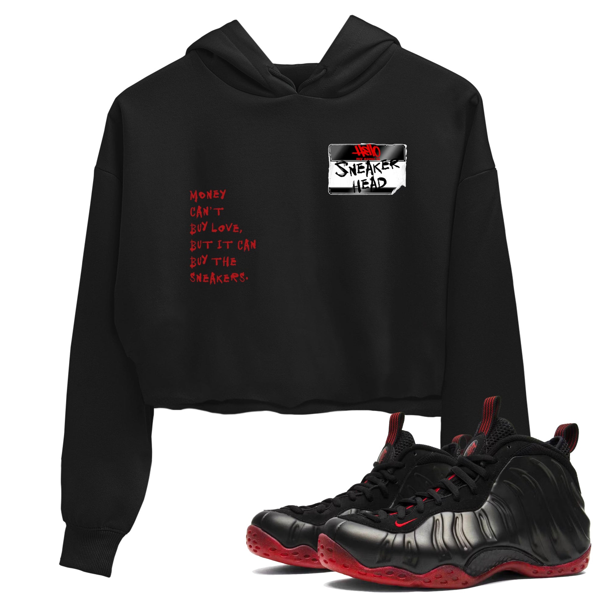 Sneaker match tees – Sneaker Threads To Match Air Foamposite Cough Drop Shoes, Air Foamposite One Black and Varsity Red – Sneakerhead Badge Crop T-Shirt Black 1