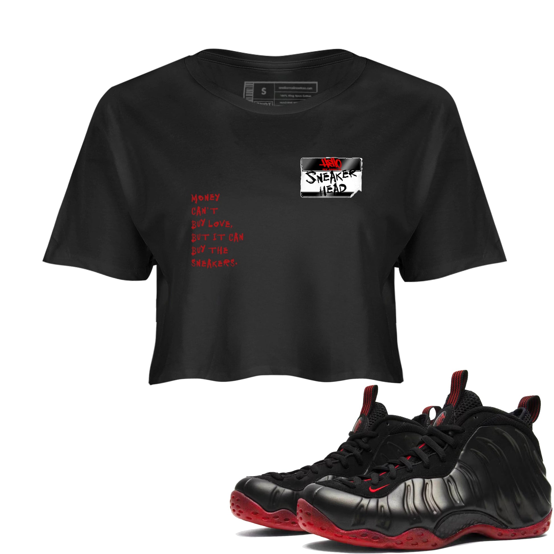 Sneaker match tees – Sneaker Threads To Match Air Foamposite Cough Drop Shoes, Air Foamposite One Black and Varsity Red – Sneakerhead Badge Crop T-Shirt Black 1