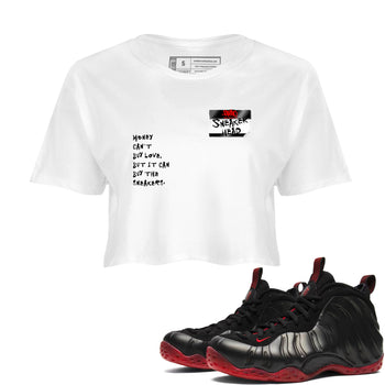 Sneaker match tees – Sneaker Threads To Match Air Foamposite Cough Drop Shoes, Air Foamposite One Black and Varsity Red – Sneakerhead Badge Crop T-Shirt White 1
