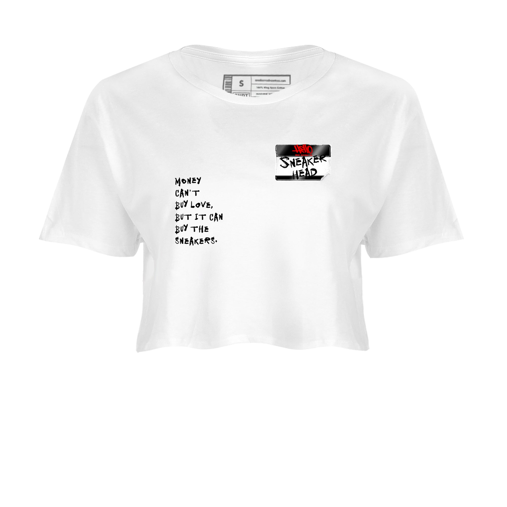 Sneaker match tees – Sneaker Threads To Match Air Foamposite Cough Drop Shoes, Air Foamposite One Black and Varsity Red – Sneakerhead Badge Crop T-Shirt White 2