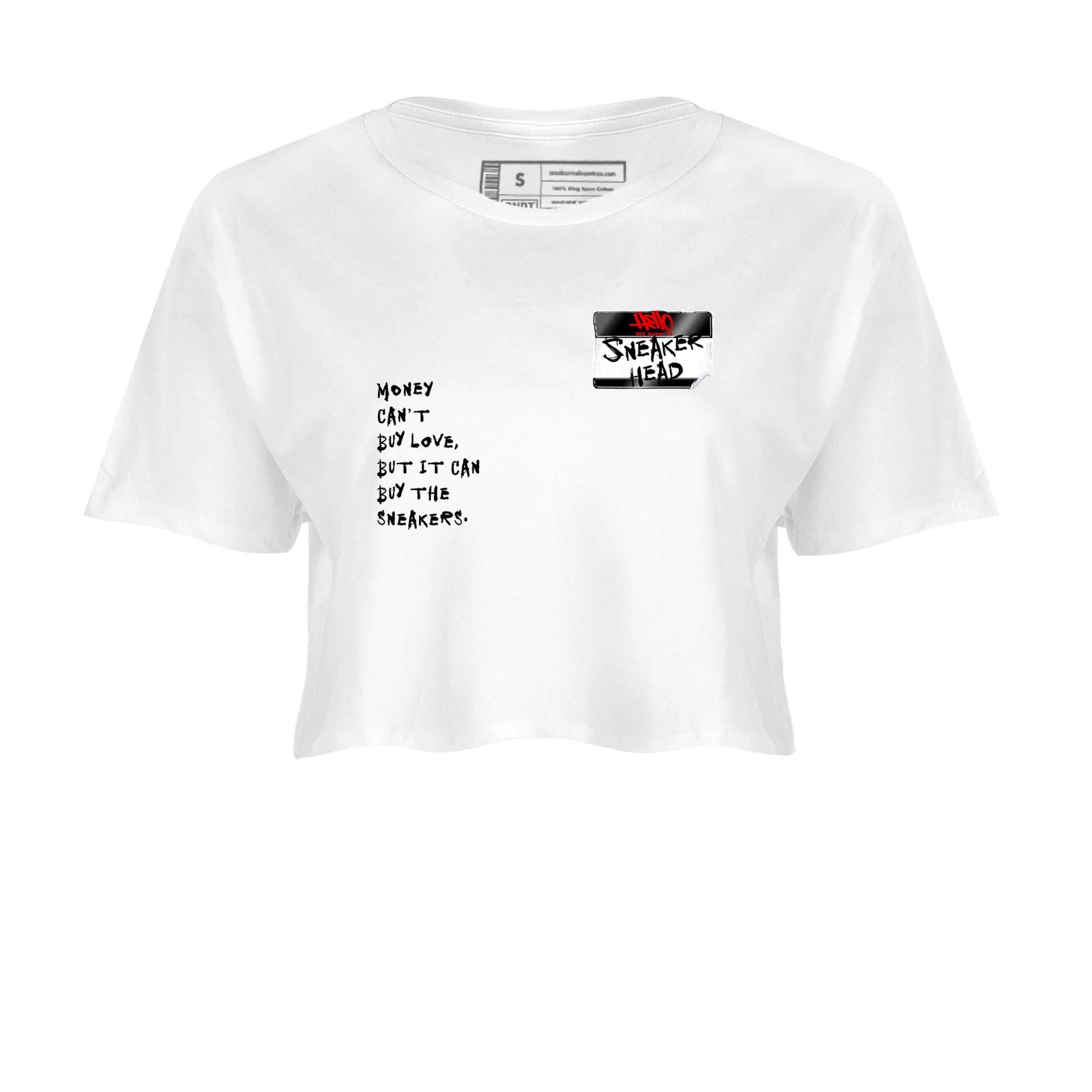 Sneaker match tees – Sneaker Threads To Match Air Foamposite Cough Drop Shoes, Air Foamposite One Black and Varsity Red – Sneakerhead Badge Crop T-Shirt White 2