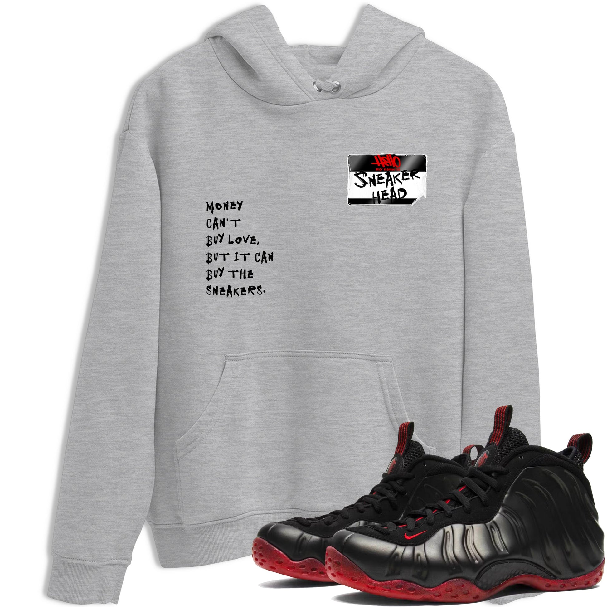 Sneaker match tees – Sneaker Threads To Match Air Foamposite Cough Drop Shoes, Air Foamposite One Black and Varsity Red – Sneakerhead Badge Tee Heather Grey 1