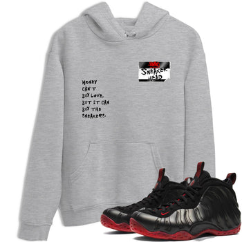 Sneaker match tees – Sneaker Threads To Match Air Foamposite Cough Drop Shoes, Air Foamposite One Black and Varsity Red – Sneakerhead Badge Tee Heather Grey 1