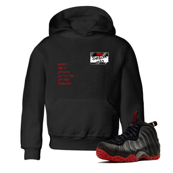 Sneaker match tees – Sneaker Threads To Match Air Foamposite Cough Drop Shoes, Air Foamposite One Black and Varsity Red – Sneakerhead Badge Kids T-Shirt Black 1
