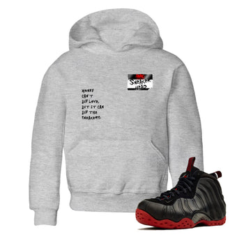 Sneaker match tees – Sneaker Threads To Match Air Foamposite Cough Drop Shoes, Air Foamposite One Black and Varsity Red – Sneakerhead Badge Kids T-Shirt Heather Grey 1