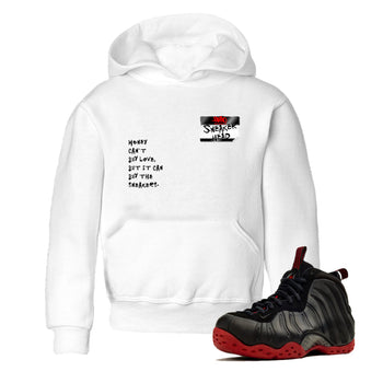 Sneaker match tees – Sneaker Threads To Match Air Foamposite Cough Drop Shoes, Air Foamposite One Black and Varsity Red – Sneakerhead Badge Kids T-Shirt White 1